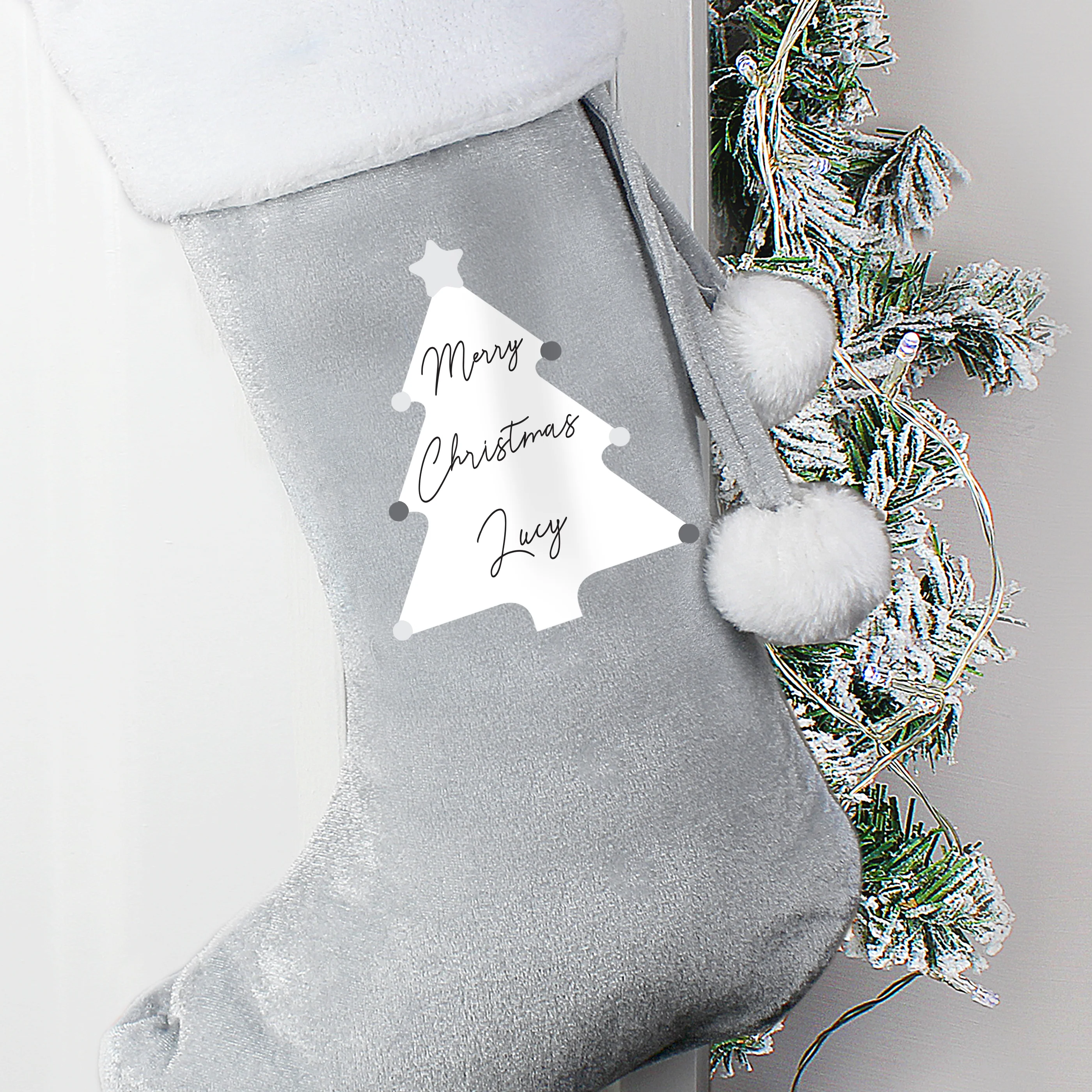 Personalised Christmas Tree Luxury Silver Grey Stocking - Image 3