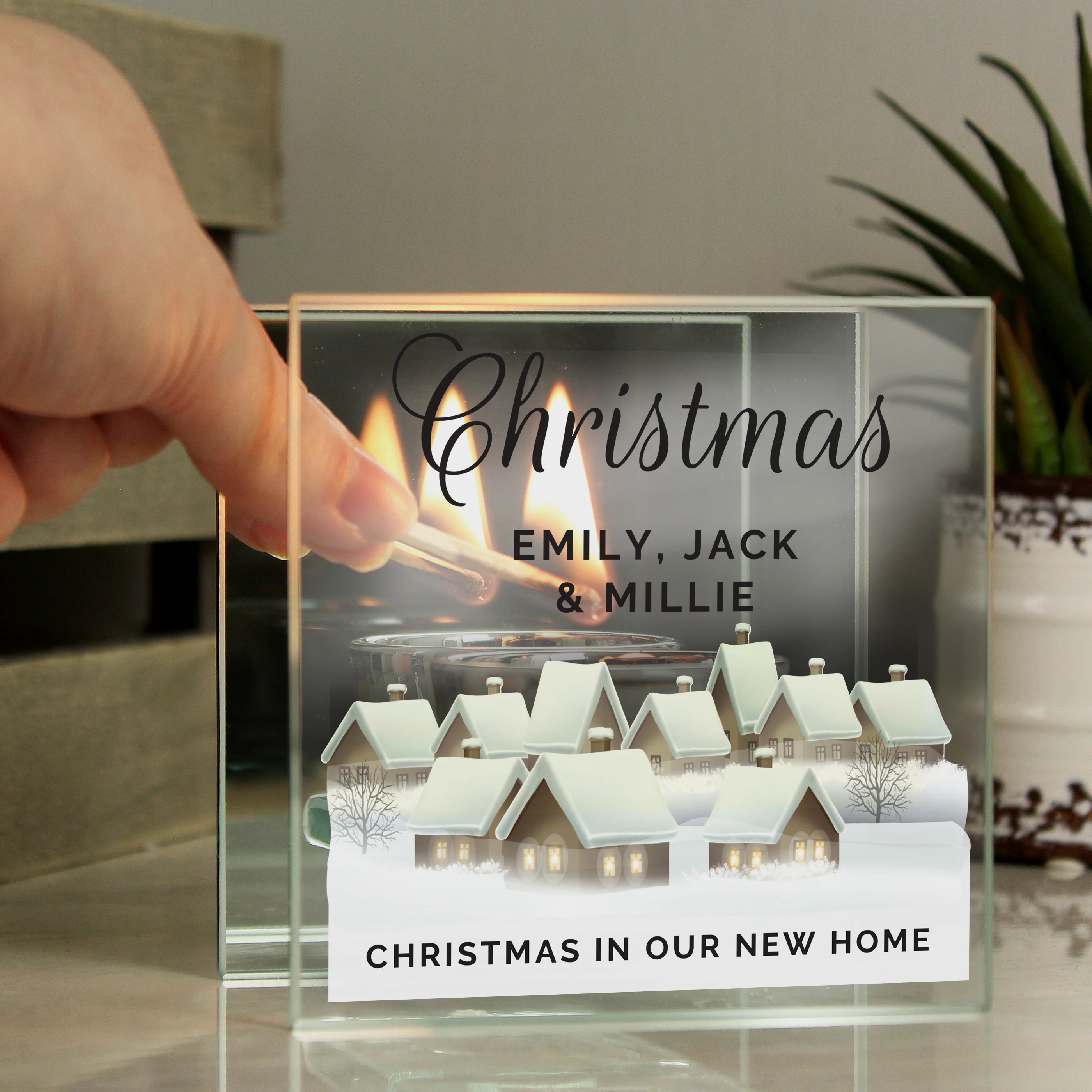 Personalised Christmas Village Mirrored Glass Tea Light Candle Holder - Image 2