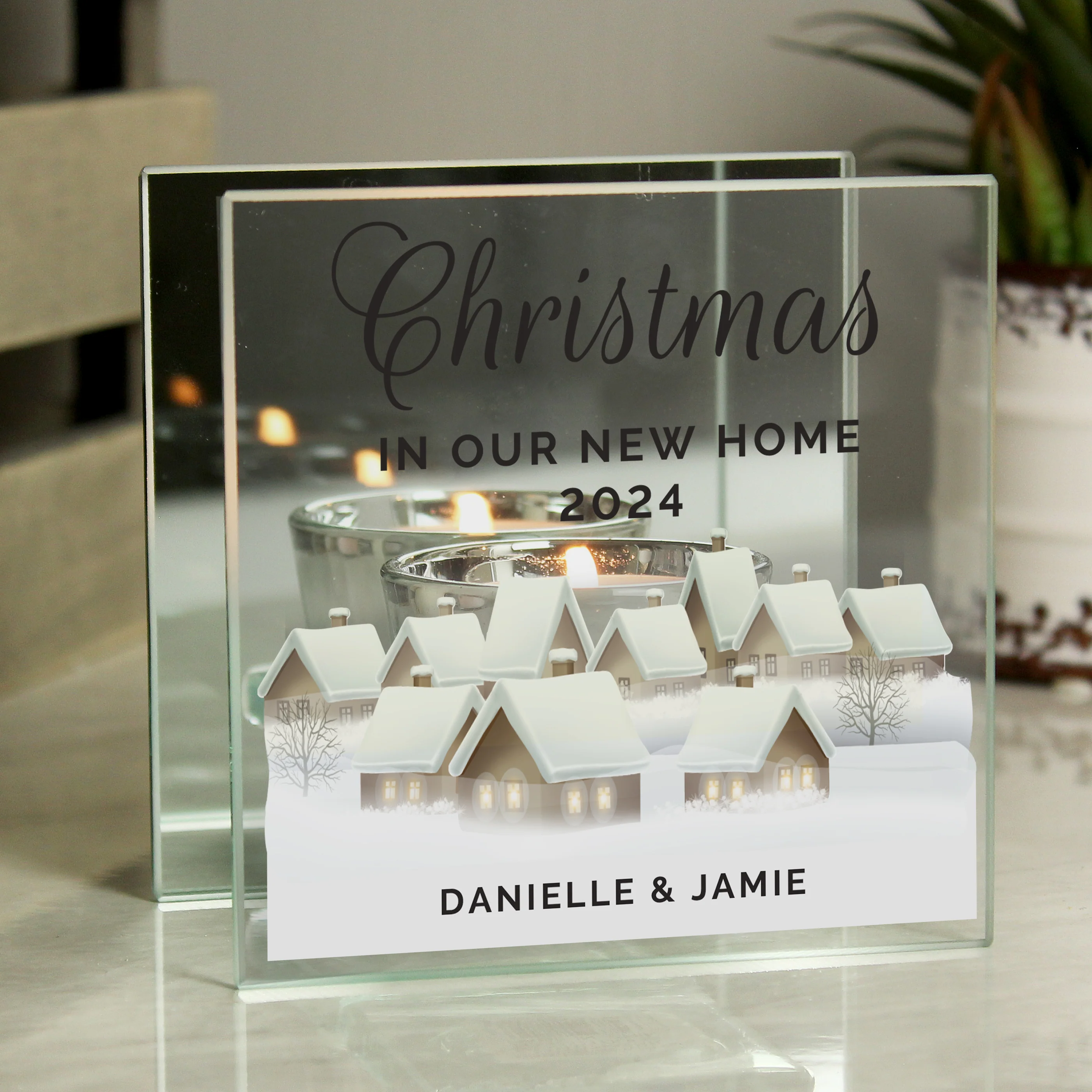 Personalised Christmas Village Mirrored Glass Tea Light Candle Holder - Image 3