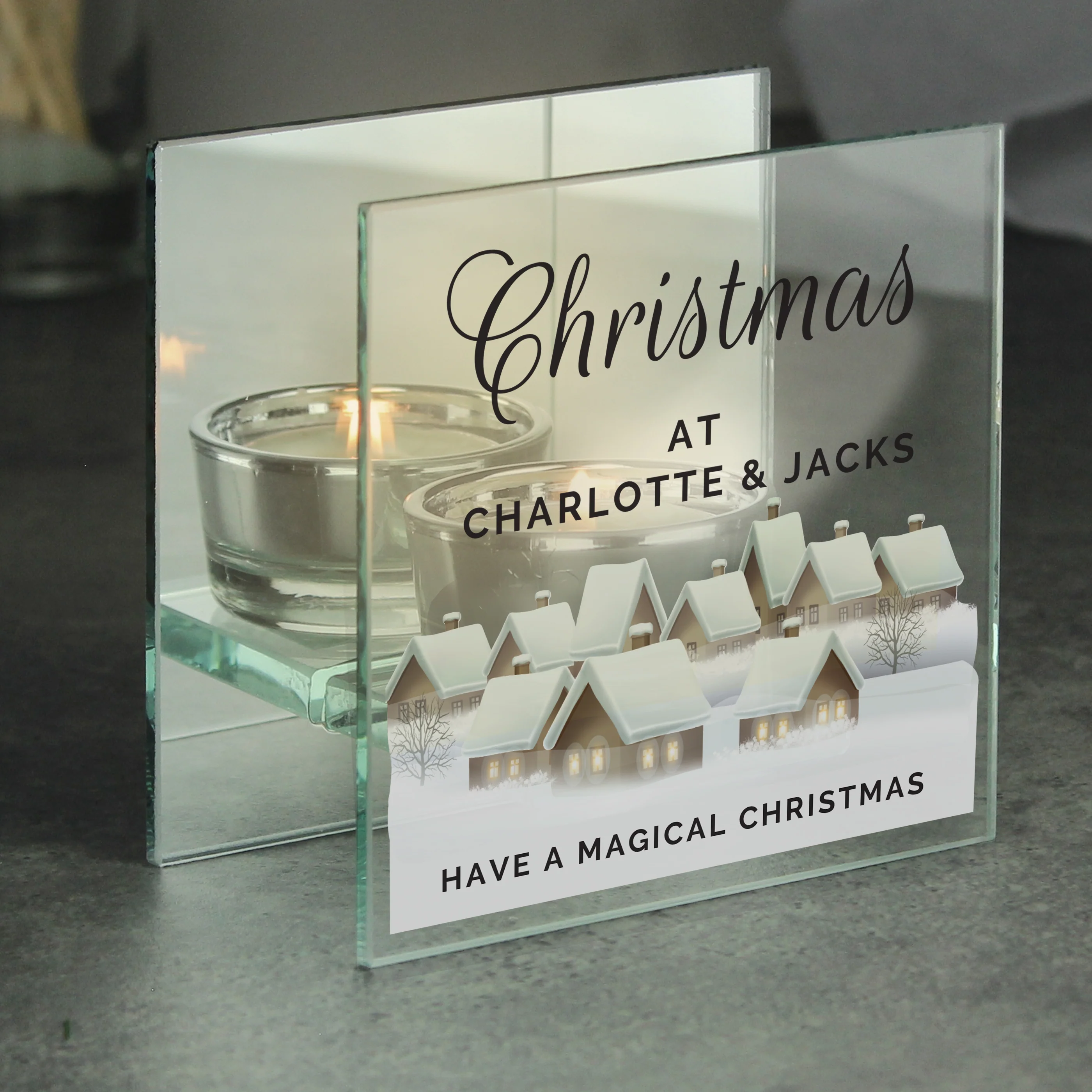 Personalised Christmas Village Mirrored Glass Tea Light Candle Holder - Image 4