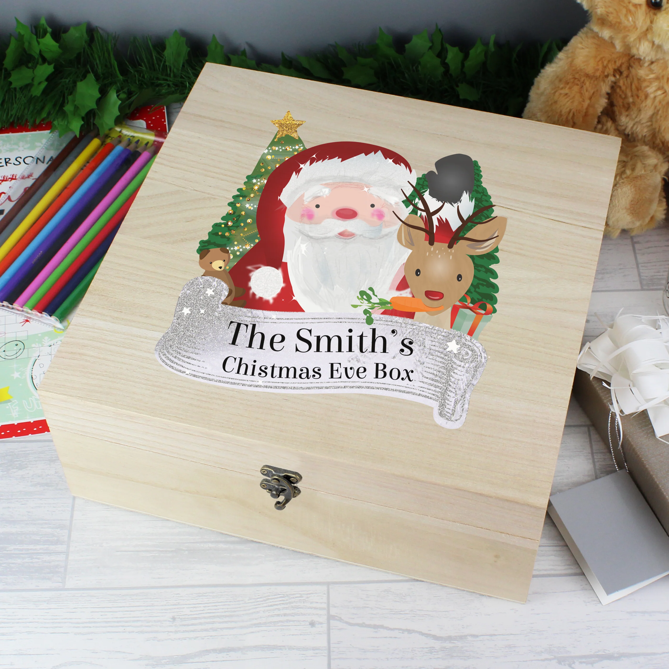 Personalised Colourful Santa Large Wooden Christmas Eve Box - Image 4