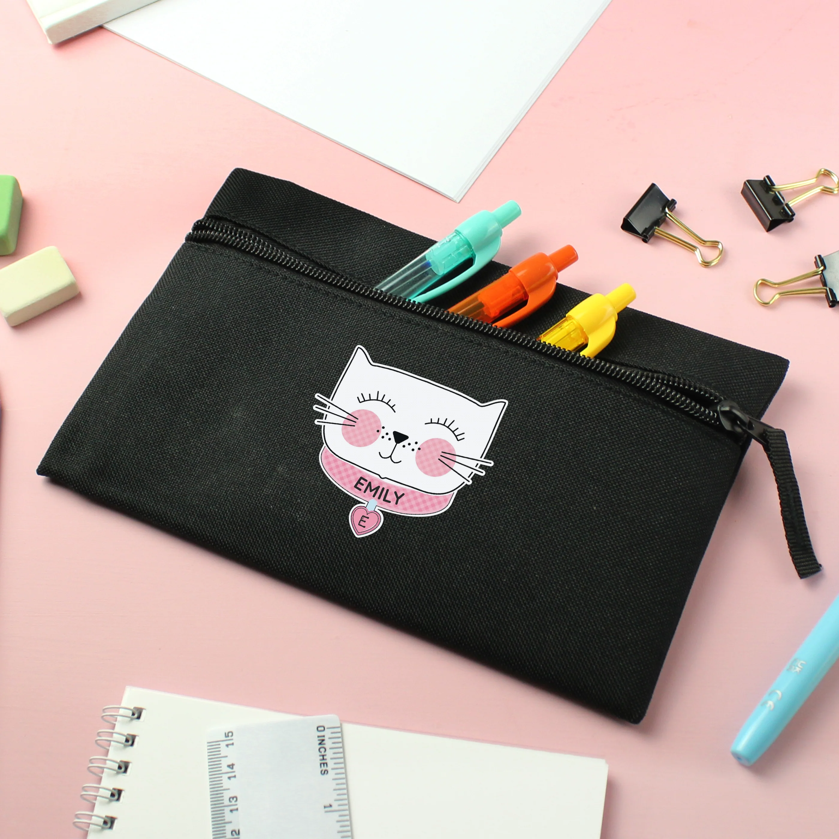 Personalised Cute Cat Black Pencil Case - Image 3