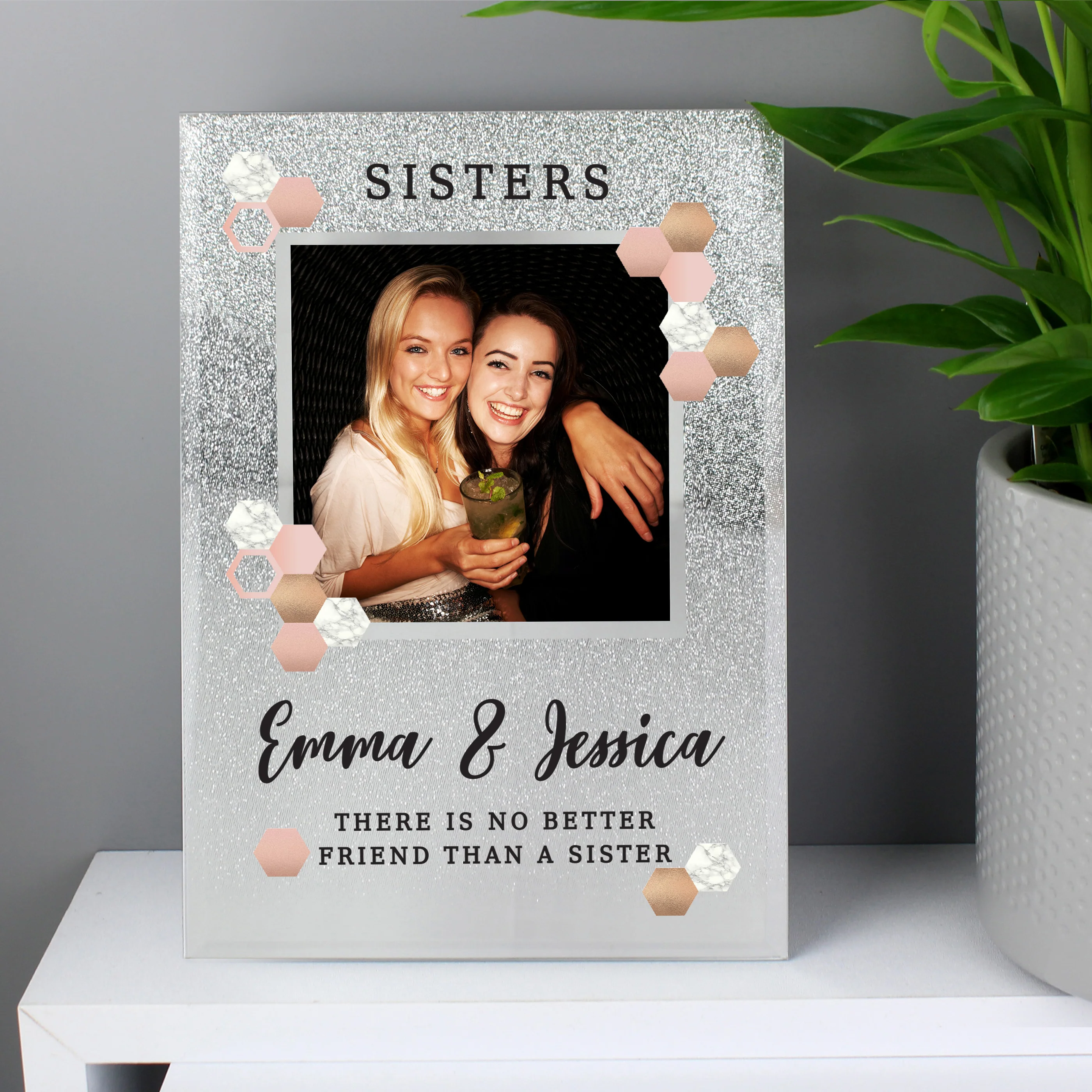 Personalised Cute Hexagon Design 4x4 Glitter Glass Photo Frame - Image 3