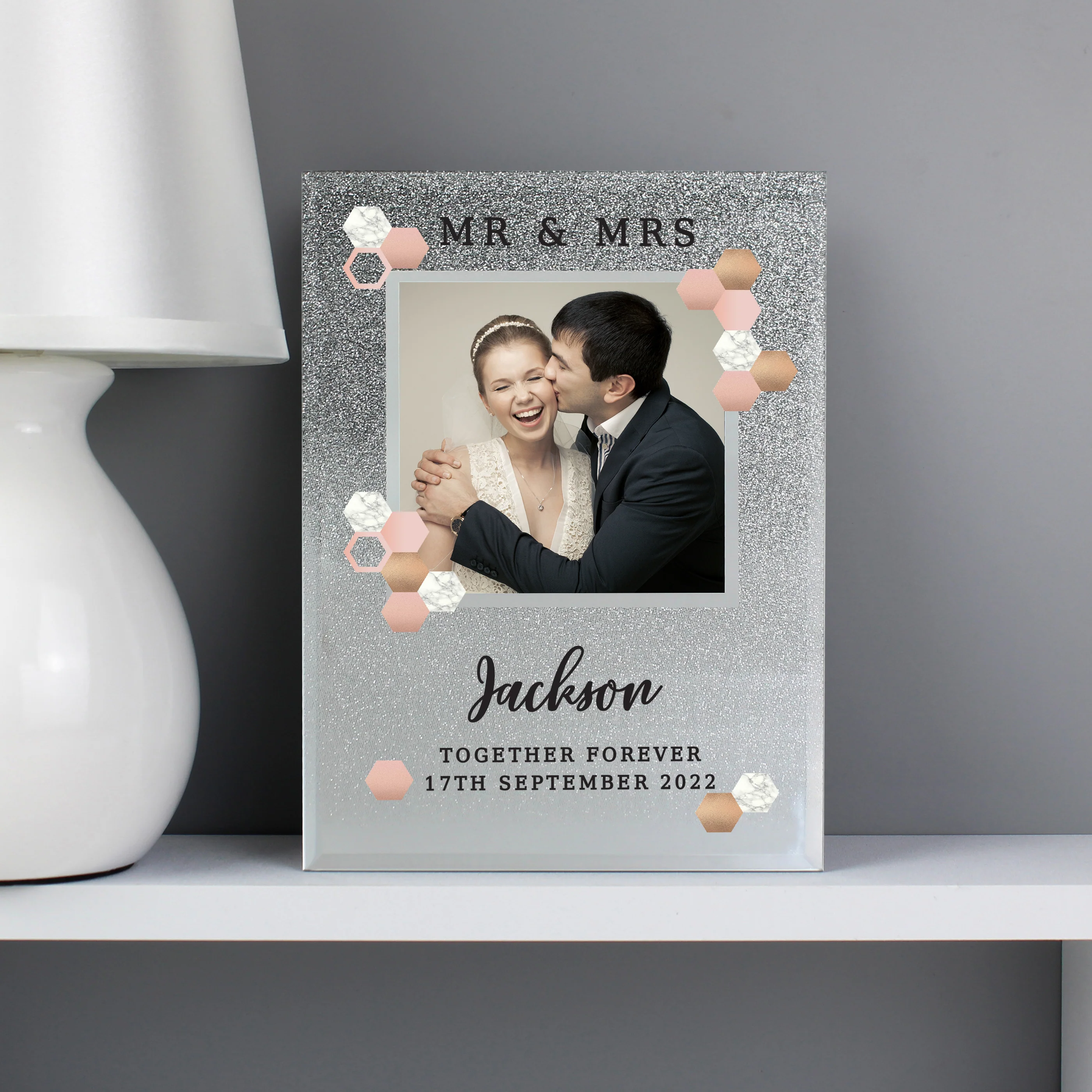 Personalised Cute Hexagon Design 4x4 Glitter Glass Photo Frame - Image 6