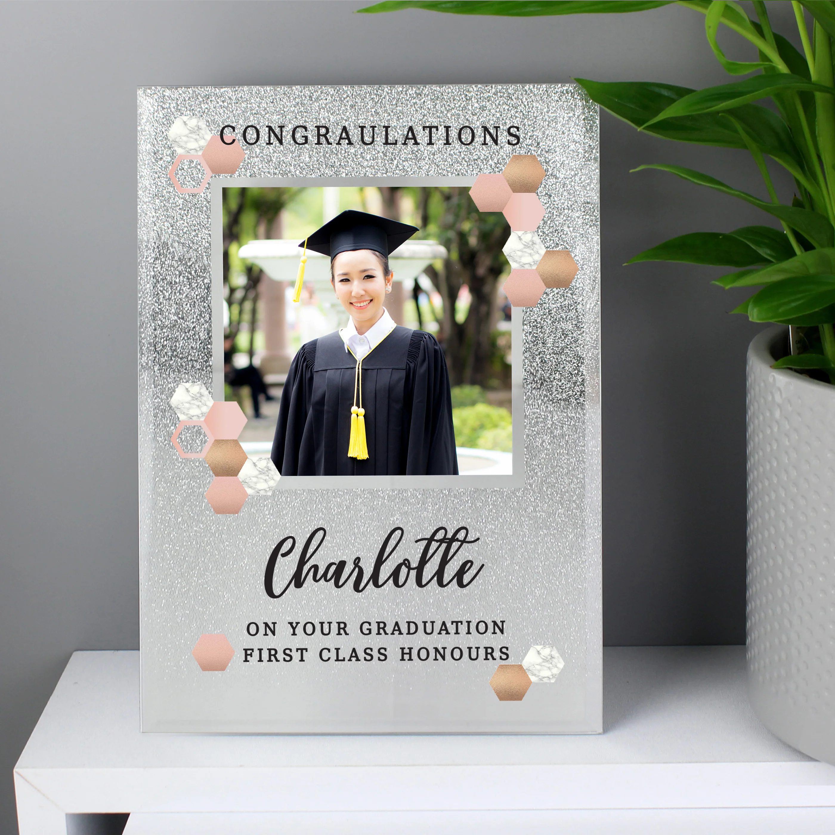 Personalised Cute Hexagon Design 4x4 Glitter Glass Photo Frame - Image 7