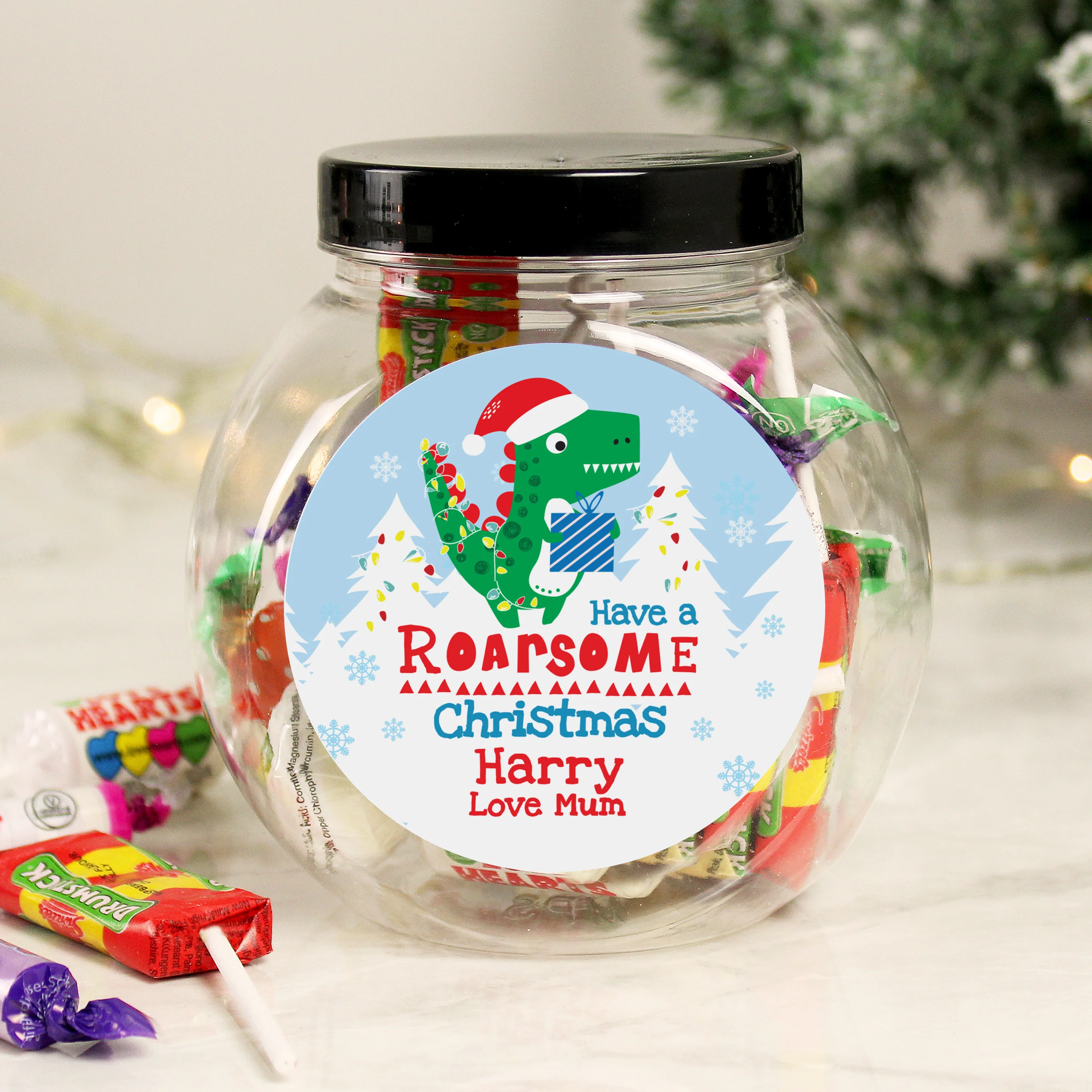 Personalised Dinosaur 'Have a Roarsome Christmas' Sweet Jar - Image 3