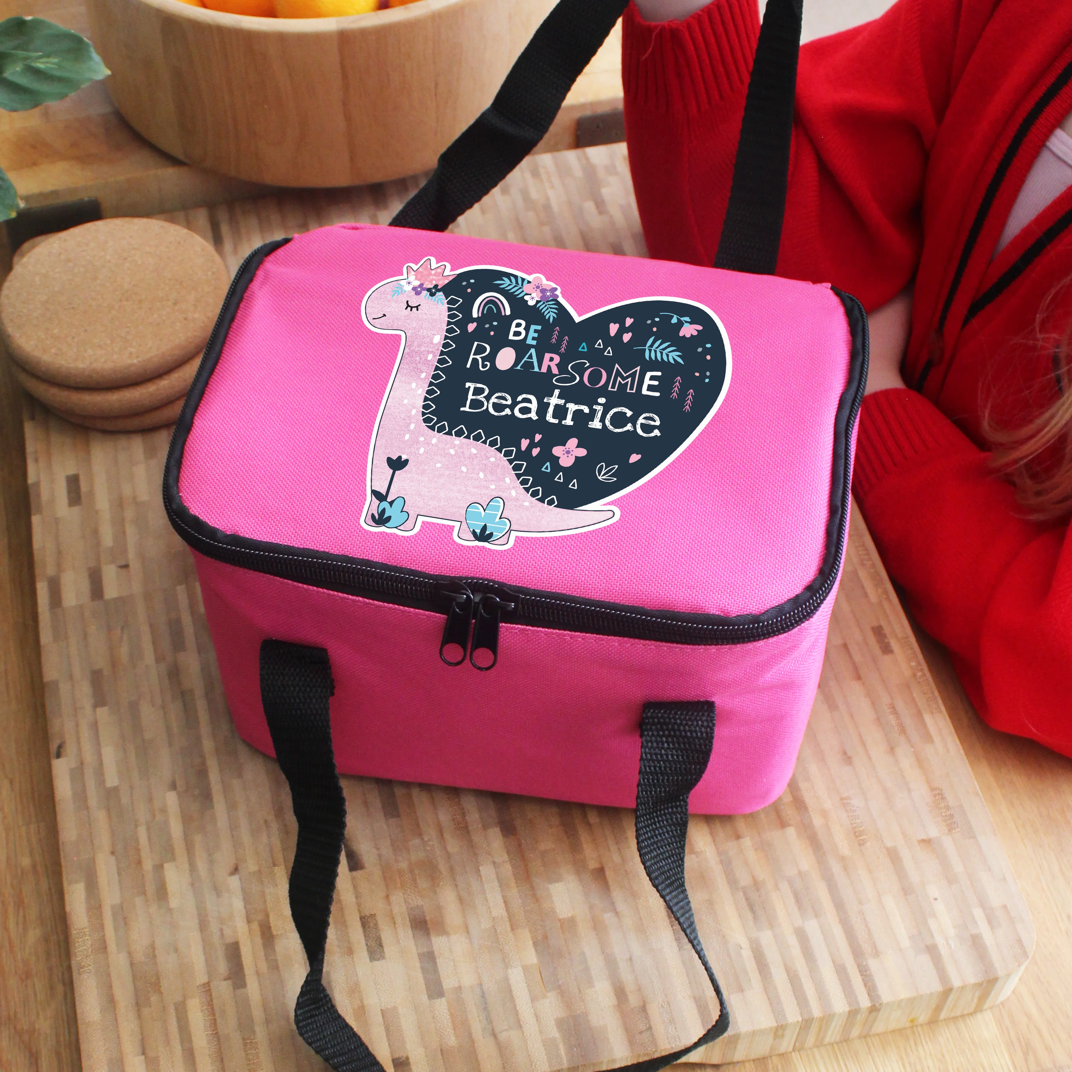 Personalised Dinosaur Pink Lunch Bag - Image 2