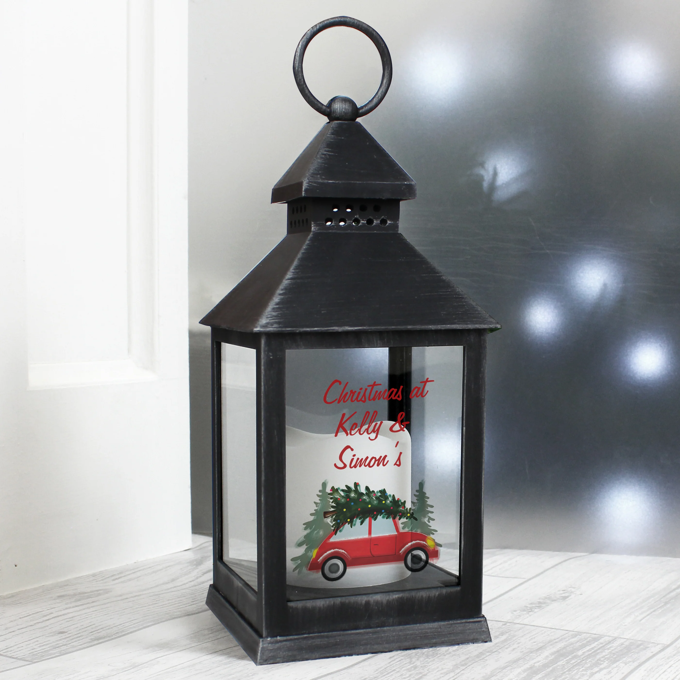 Personalised 'Driving Home For Christmas' Rustic Black Lantern - Image 7