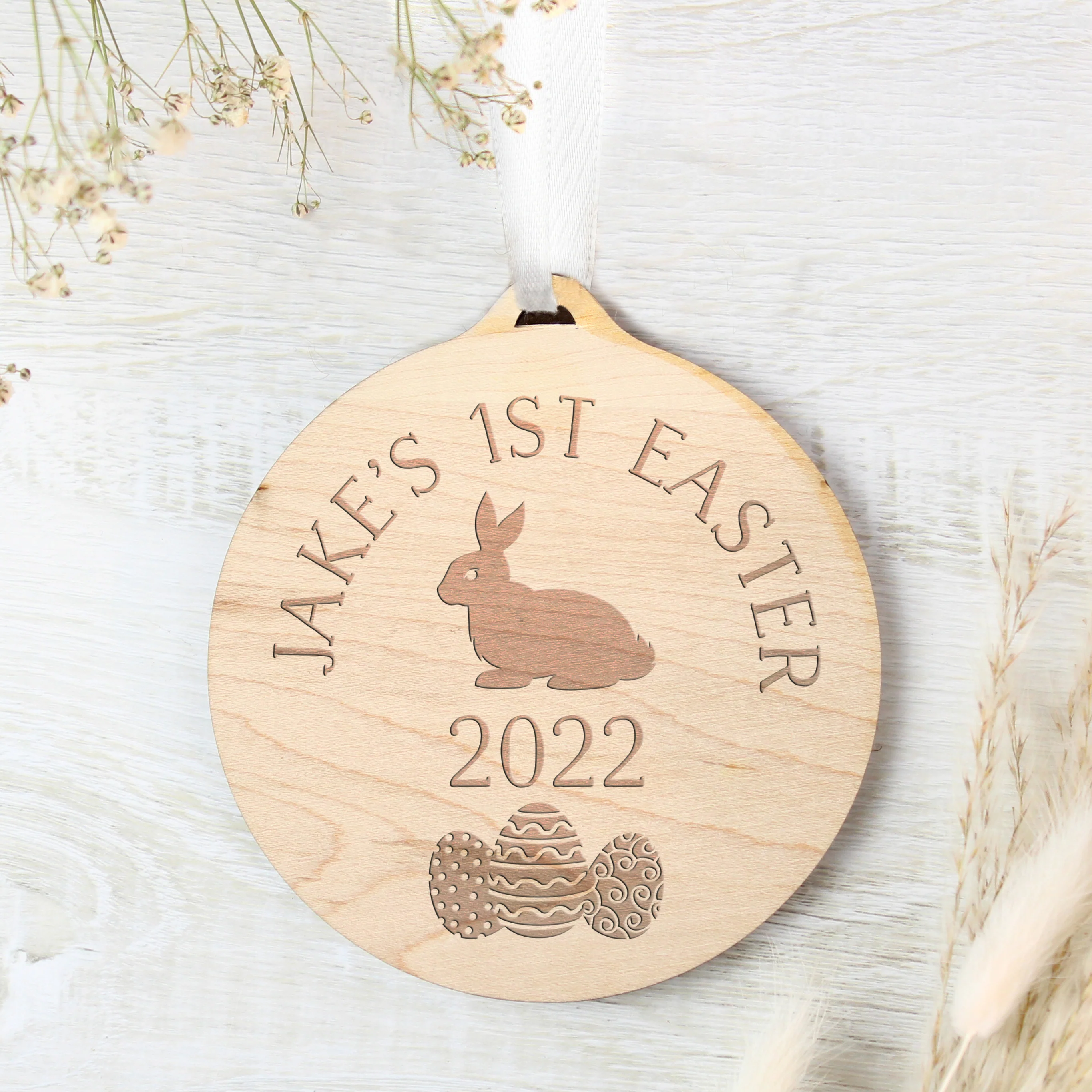 Personalised Easter Bunny Round Wooden Decoration
