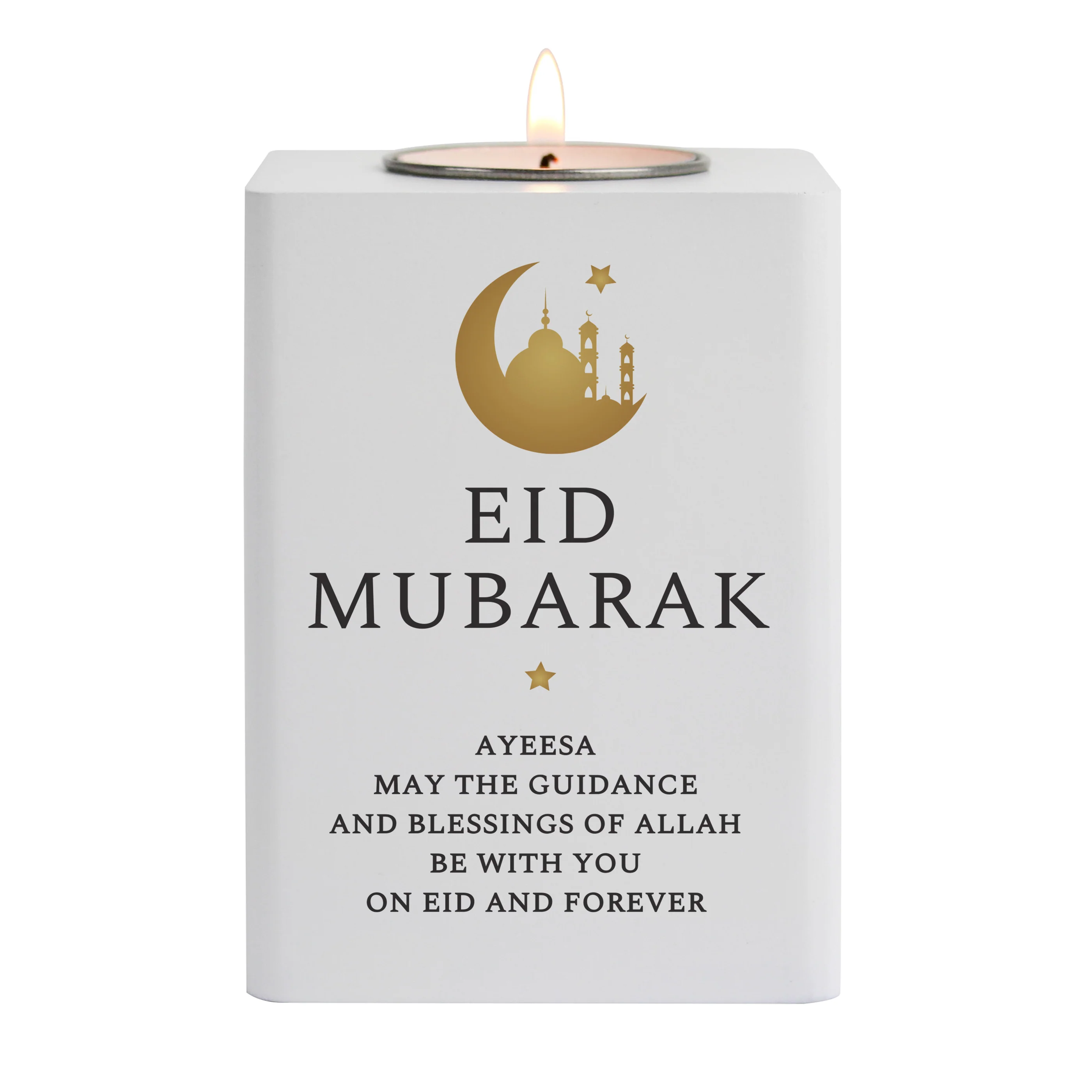 Personalised Eid and Ramadan White Wooden Tea light Holder