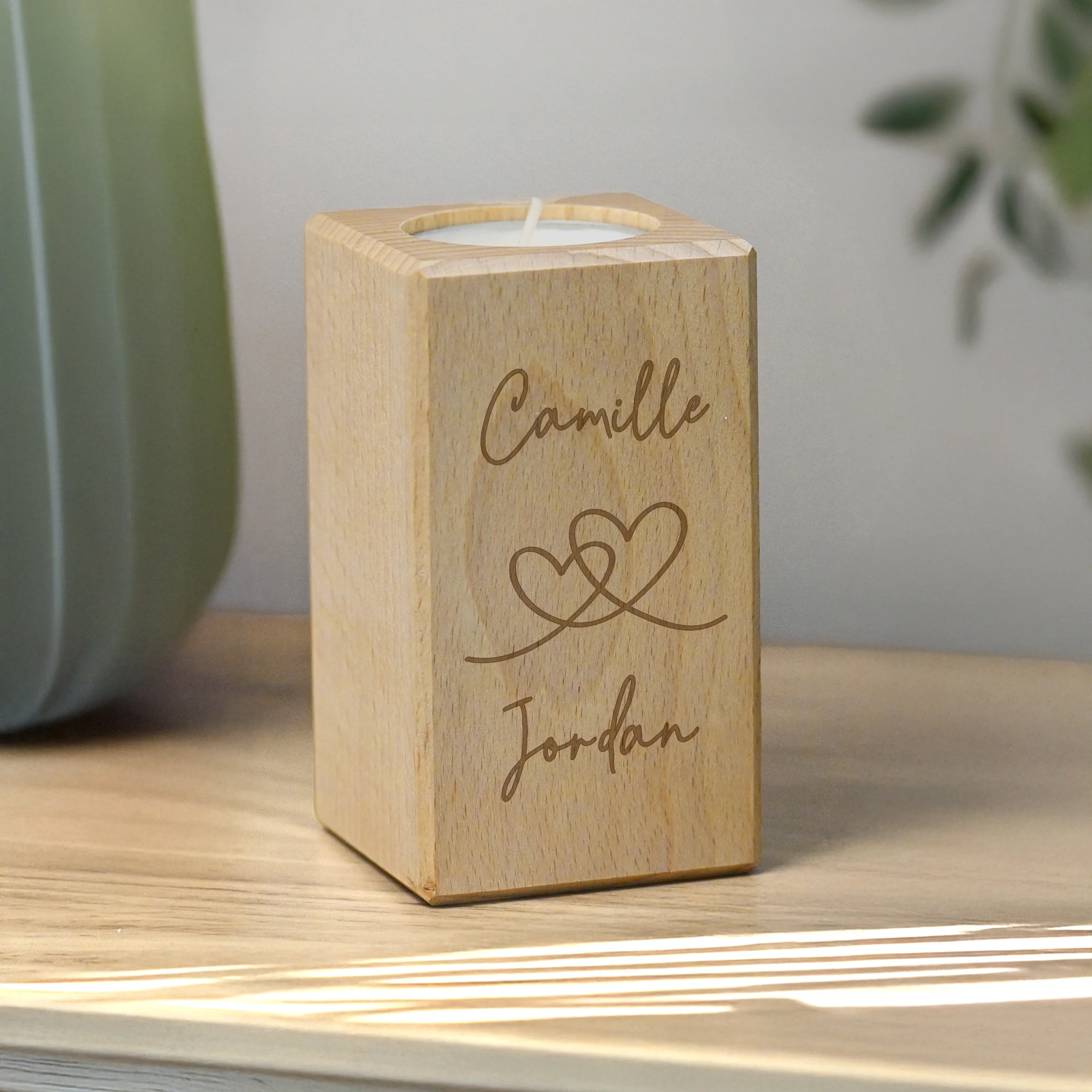 Personalised Engraved Hearts Wooden Tealight Holder - Image 3