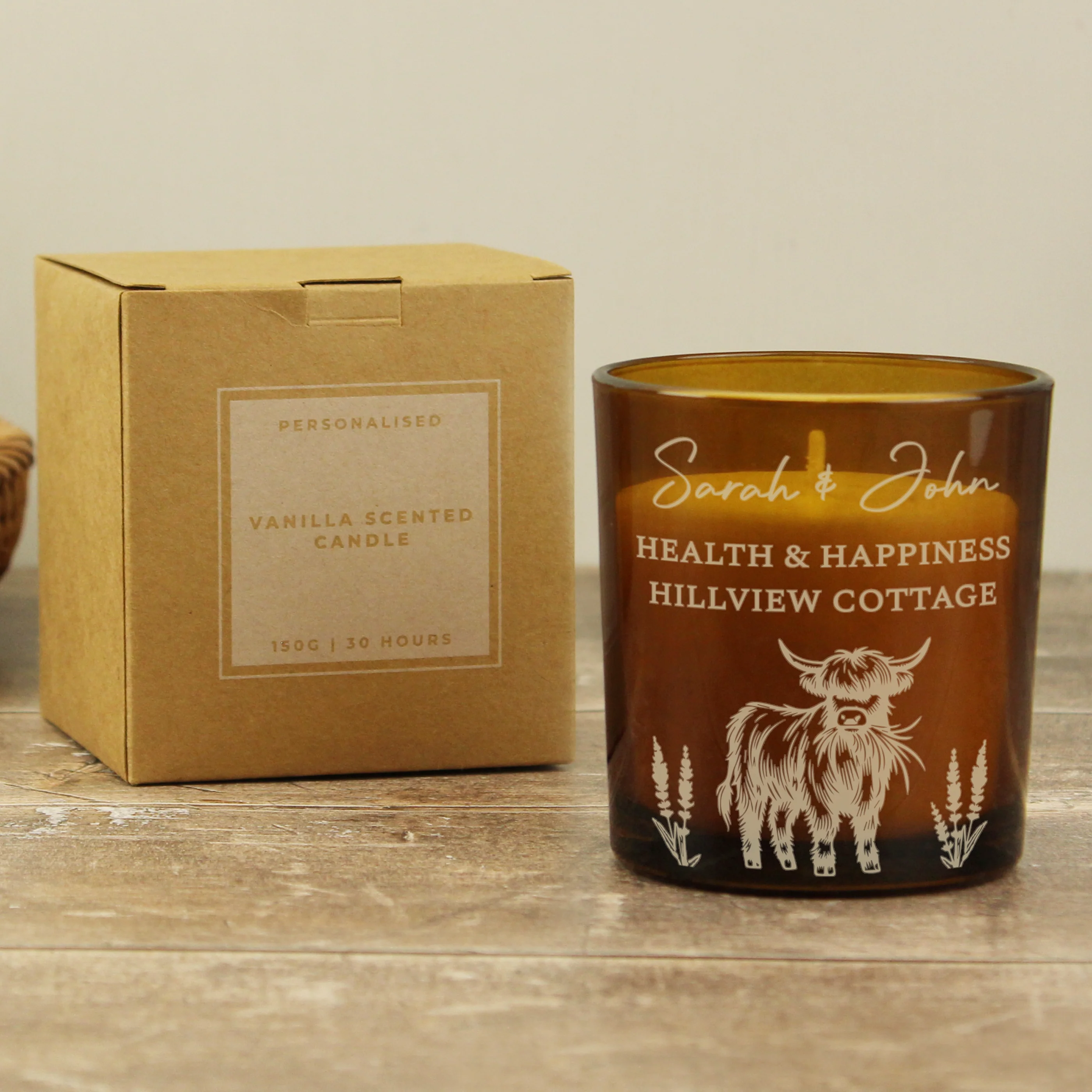 Personalised Engraved Highland Cow Amber Glass Candle - Image 3
