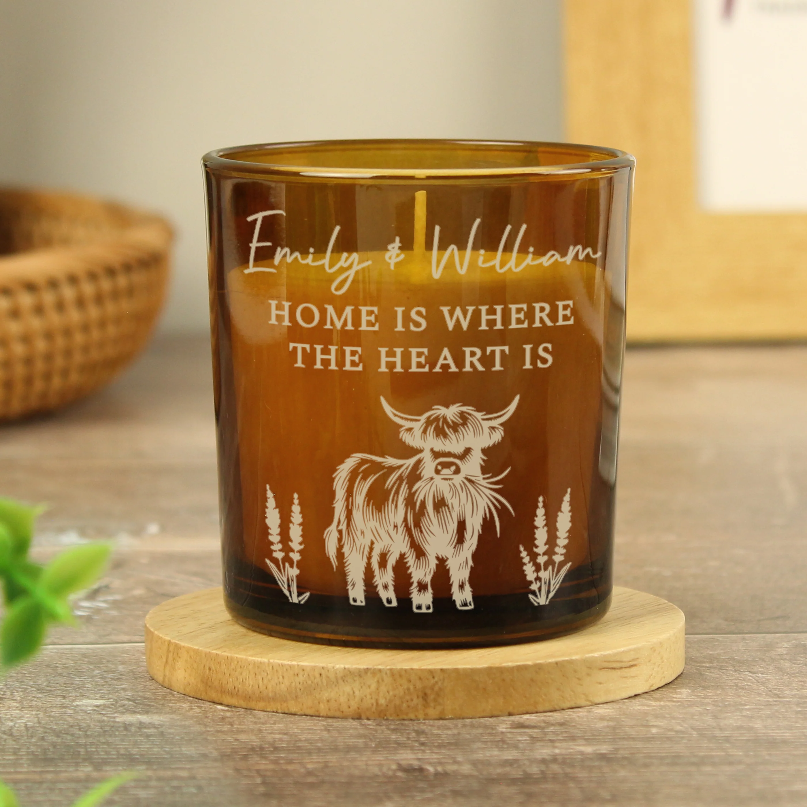 Personalised Engraved Highland Cow Amber Glass Candle - Image 4