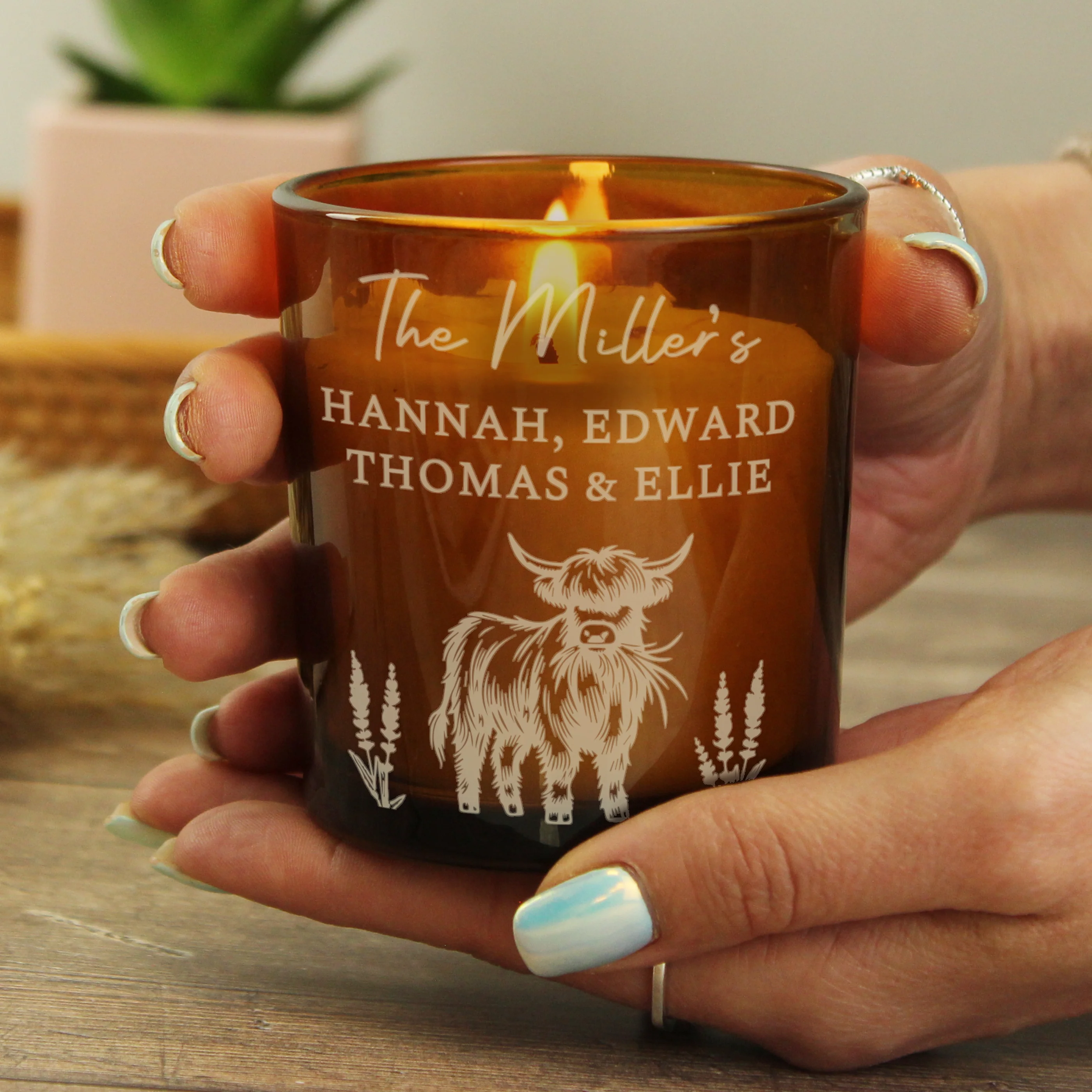 Personalised Engraved Highland Cow Amber Glass Candle - Image 5