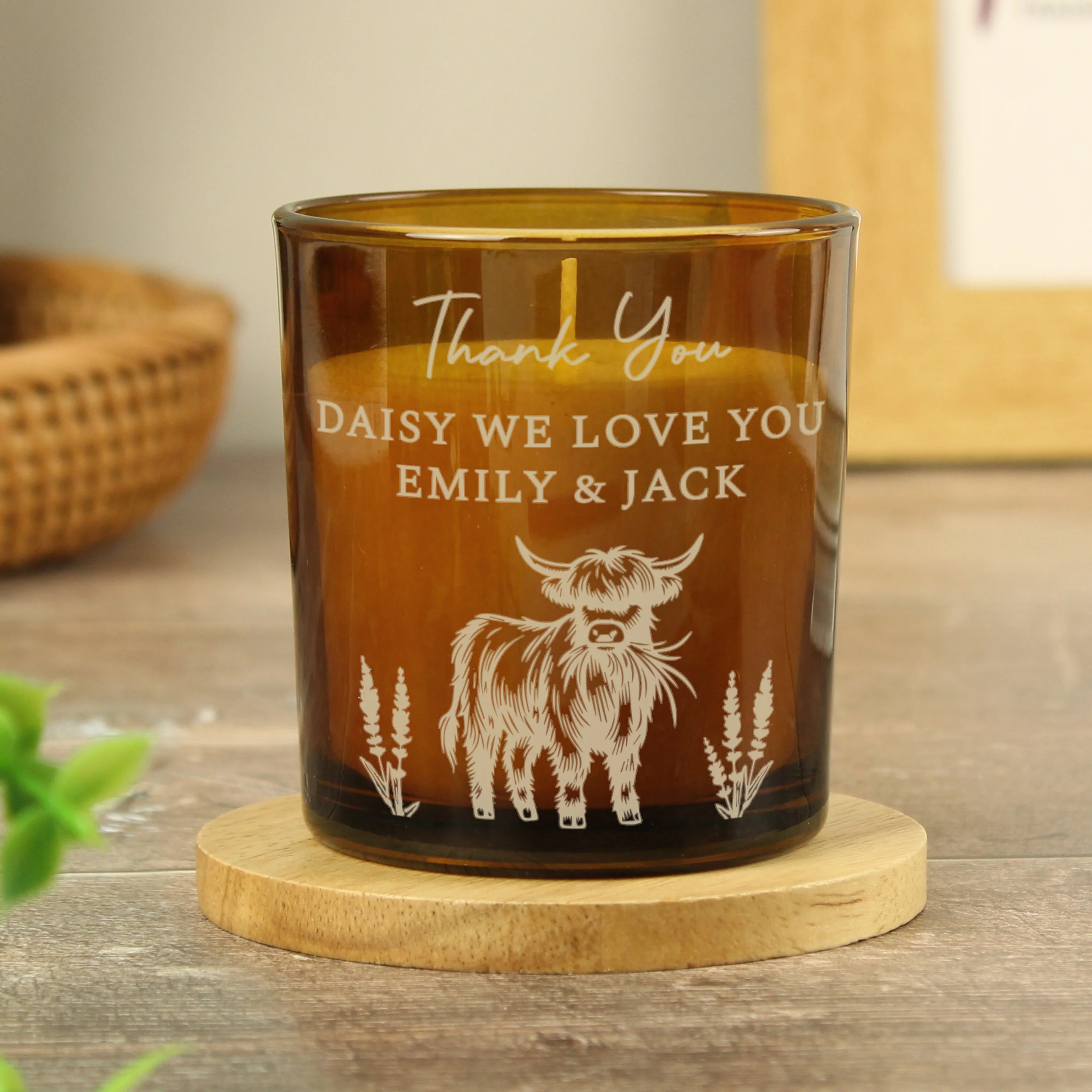 Personalised Engraved Highland Cow Amber Glass Candle - Image 6