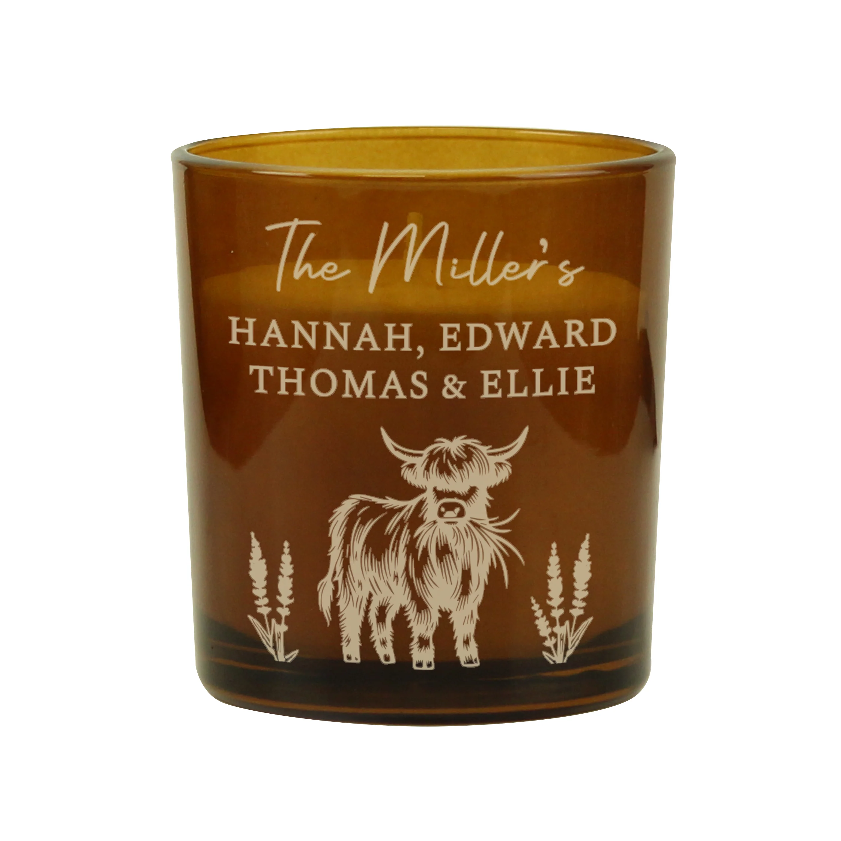 Personalised Engraved Highland Cow Amber Glass Candle - Image 7