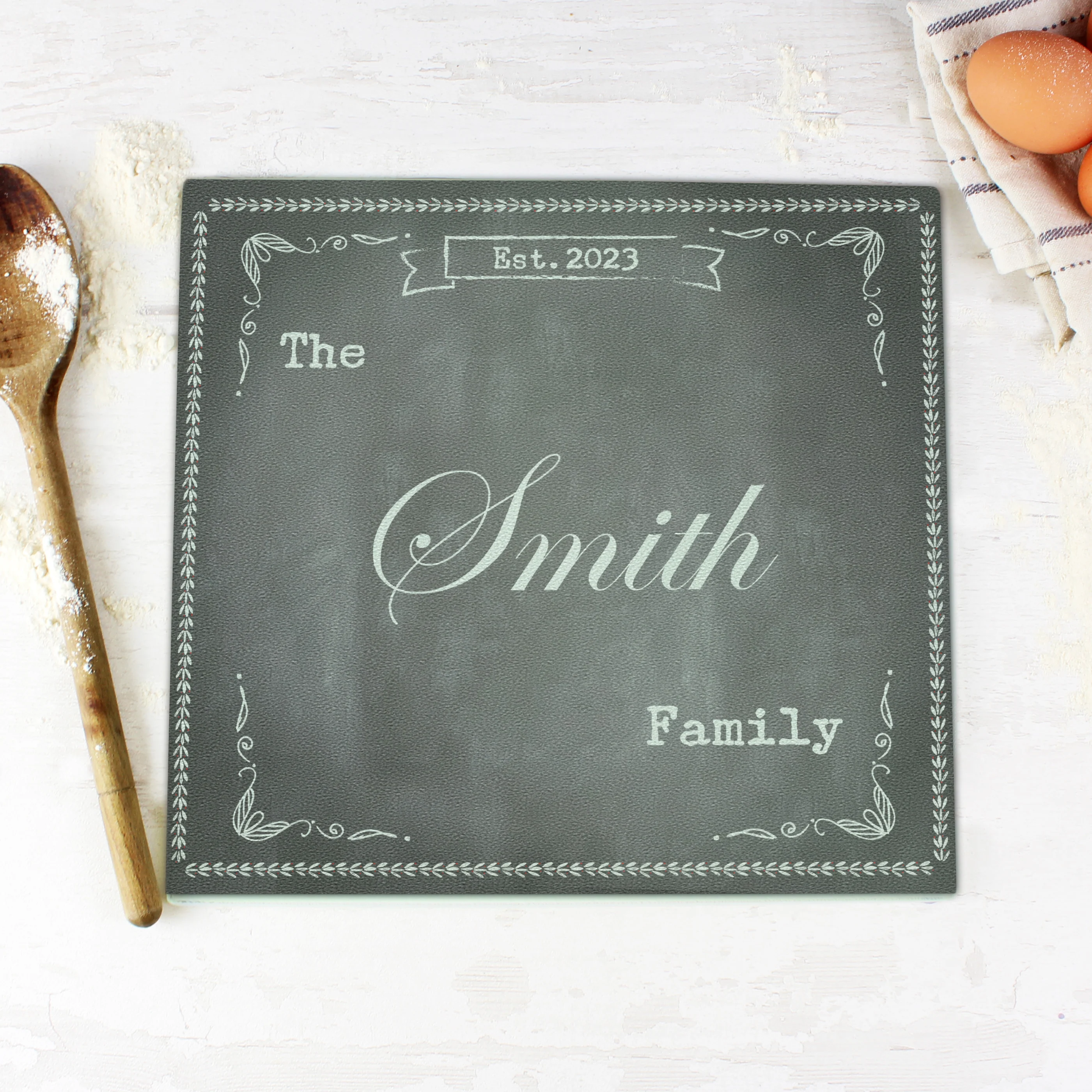 Personalised Family Chalk Glass Chopping Board/Worktop Saver - Image 4