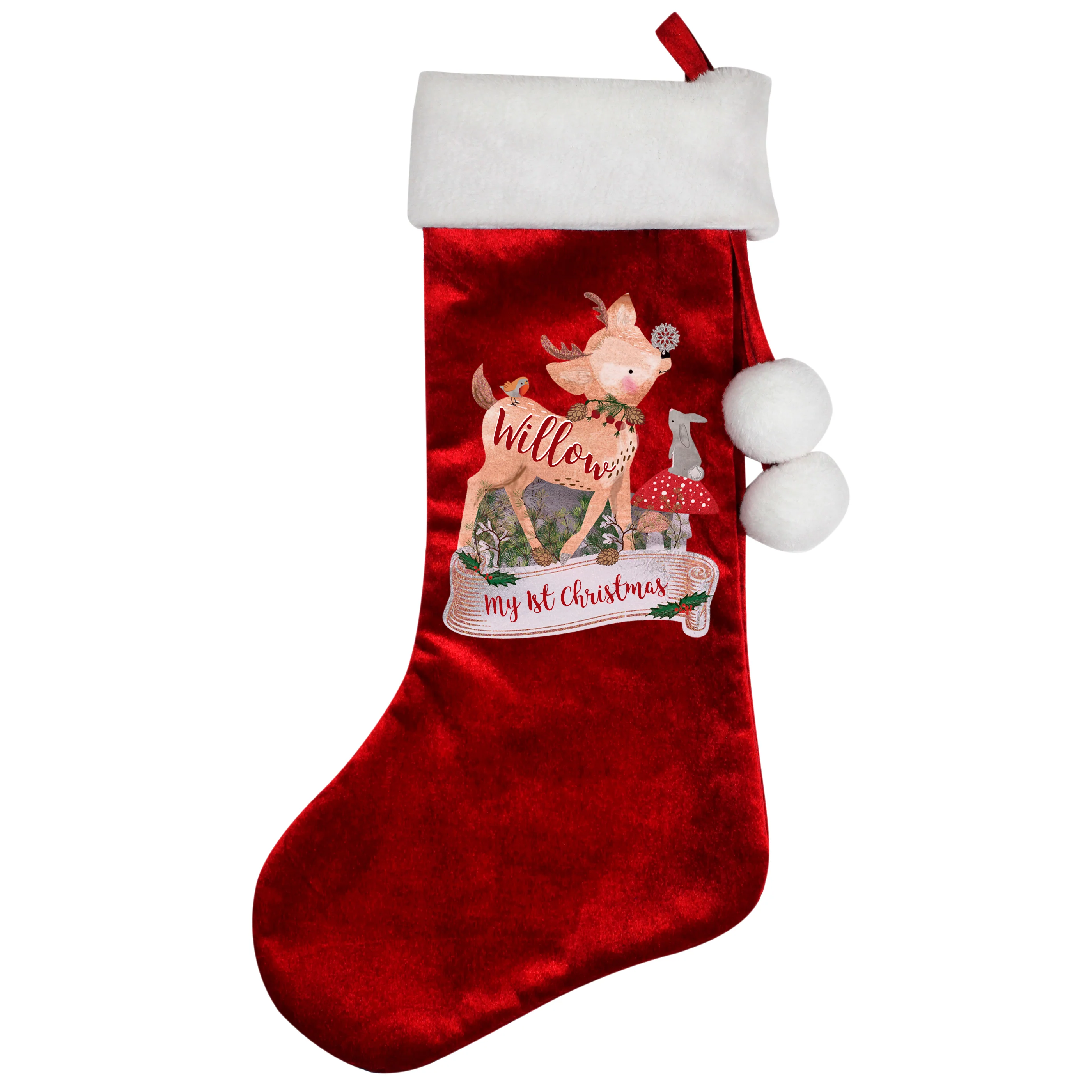 Personalised Festive Fawn Luxury Red Stocking - Image 2