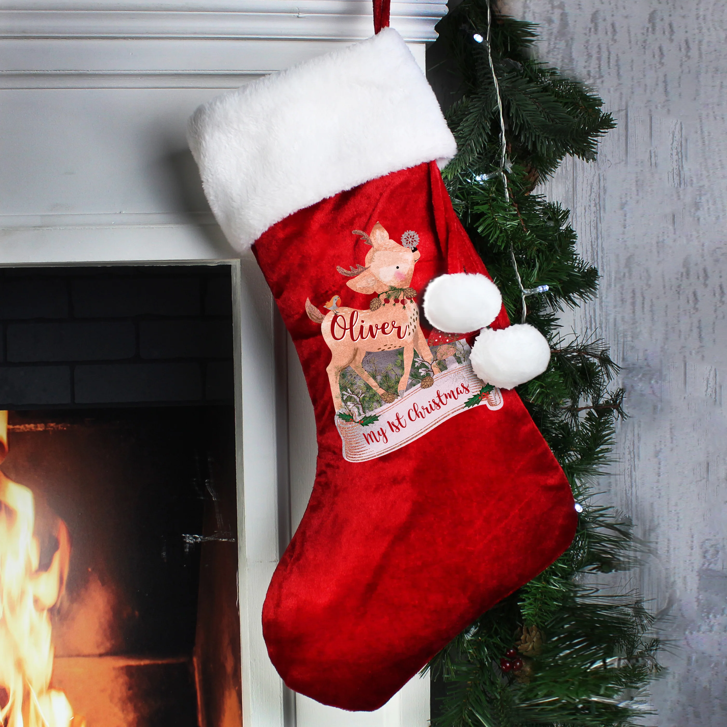 Personalised Festive Fawn Luxury Red Stocking - Image 3