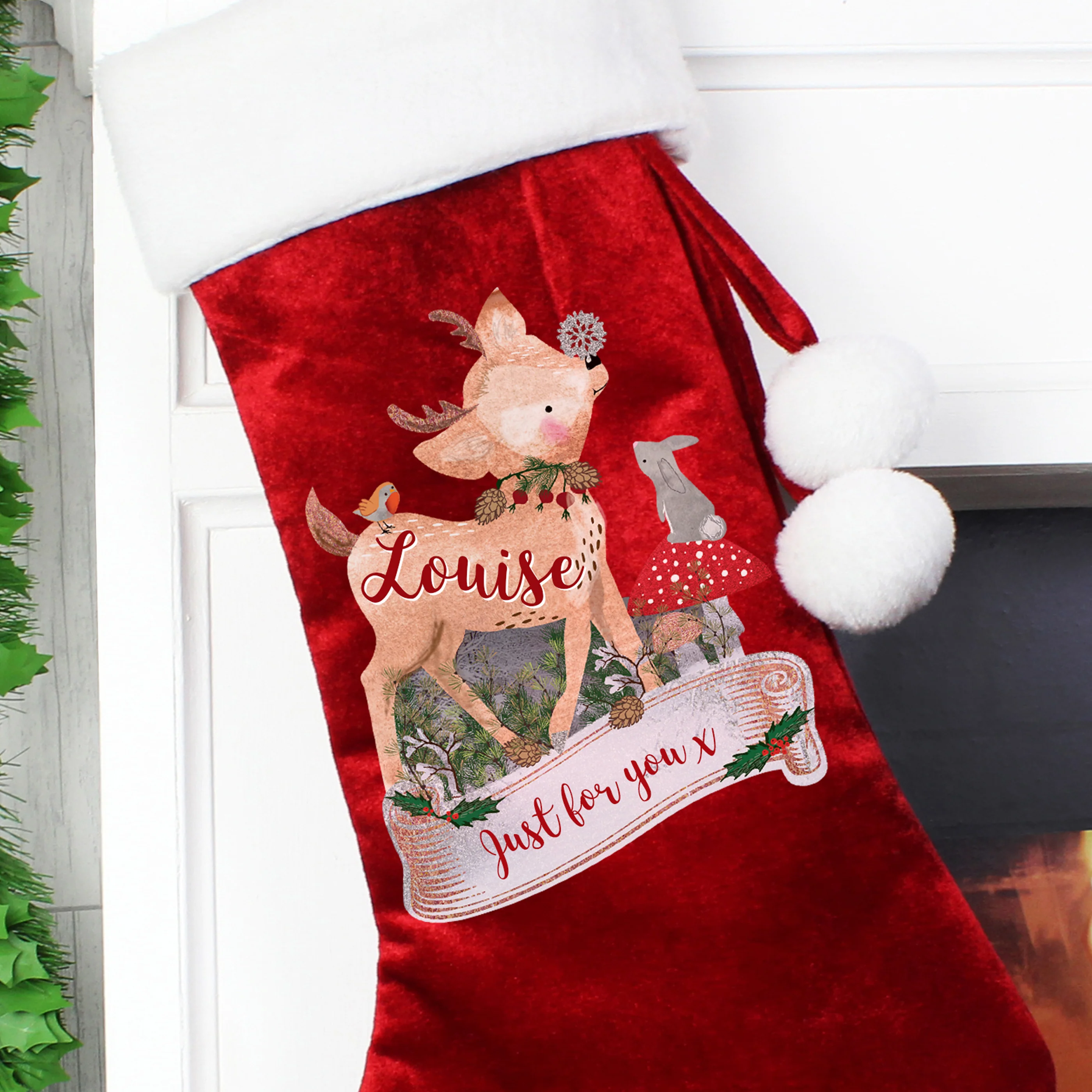 Personalised Festive Fawn Luxury Red Stocking - Image 4