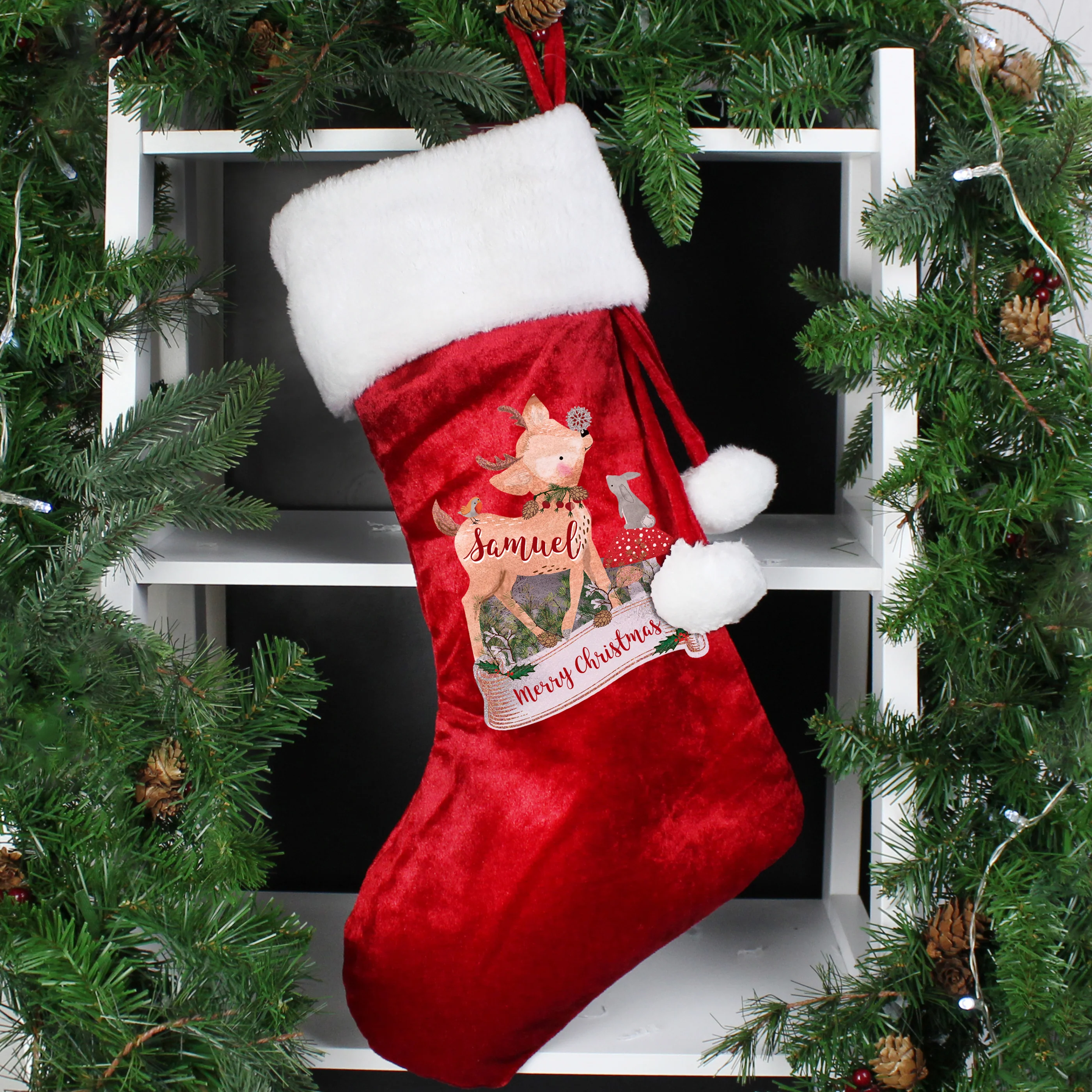 Personalised Festive Fawn Luxury Red Stocking - Image 5