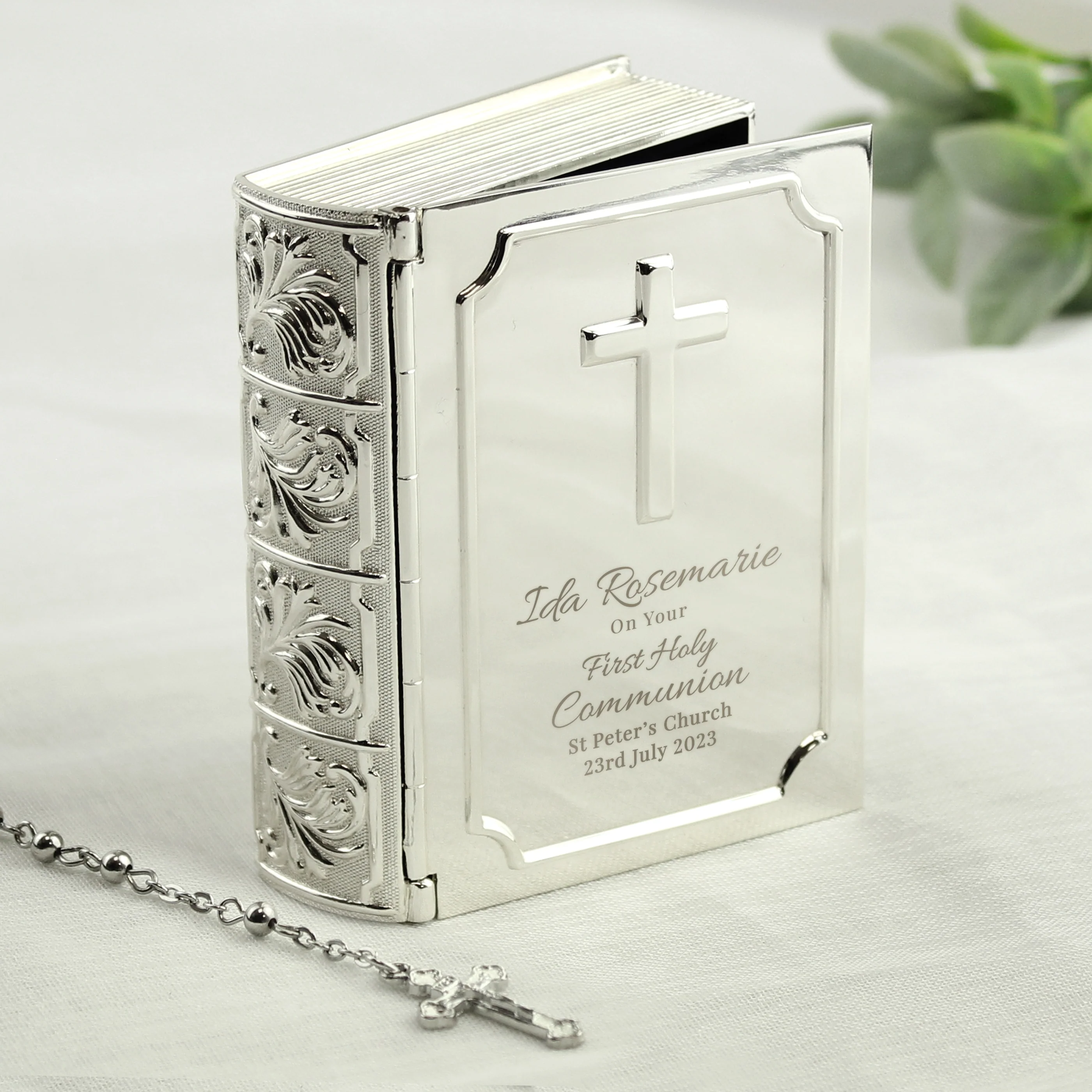 Personalised First Holy Communion Bible Trinket Box with Rosary Beads - Image 2