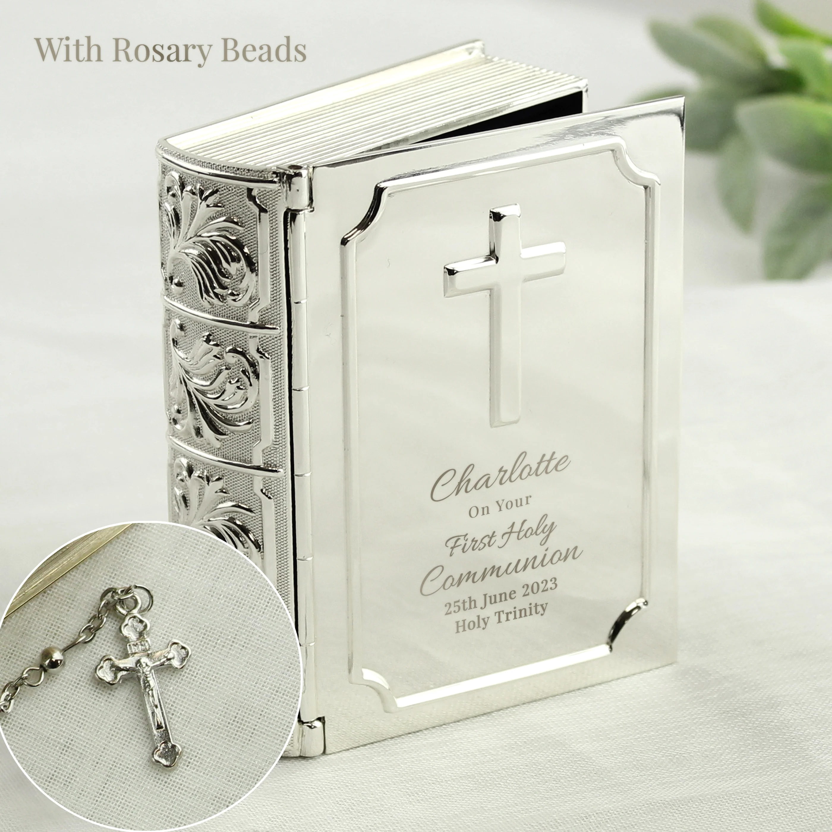 Personalised First Holy Communion Bible Trinket Box with Rosary Beads - Image 6