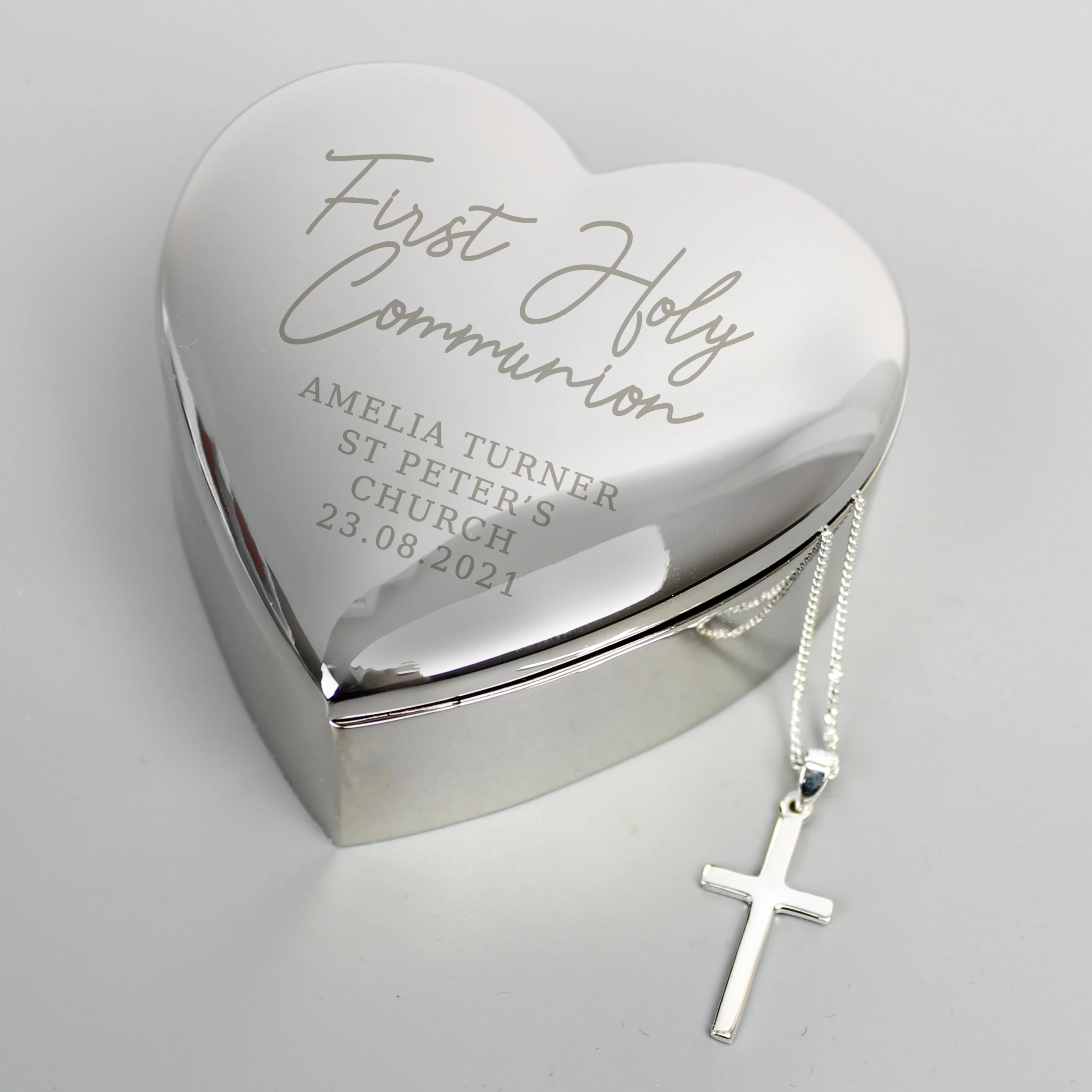 Personalised First Holy Communion Heart Trinket Box & Cross Necklace Set - Image 3