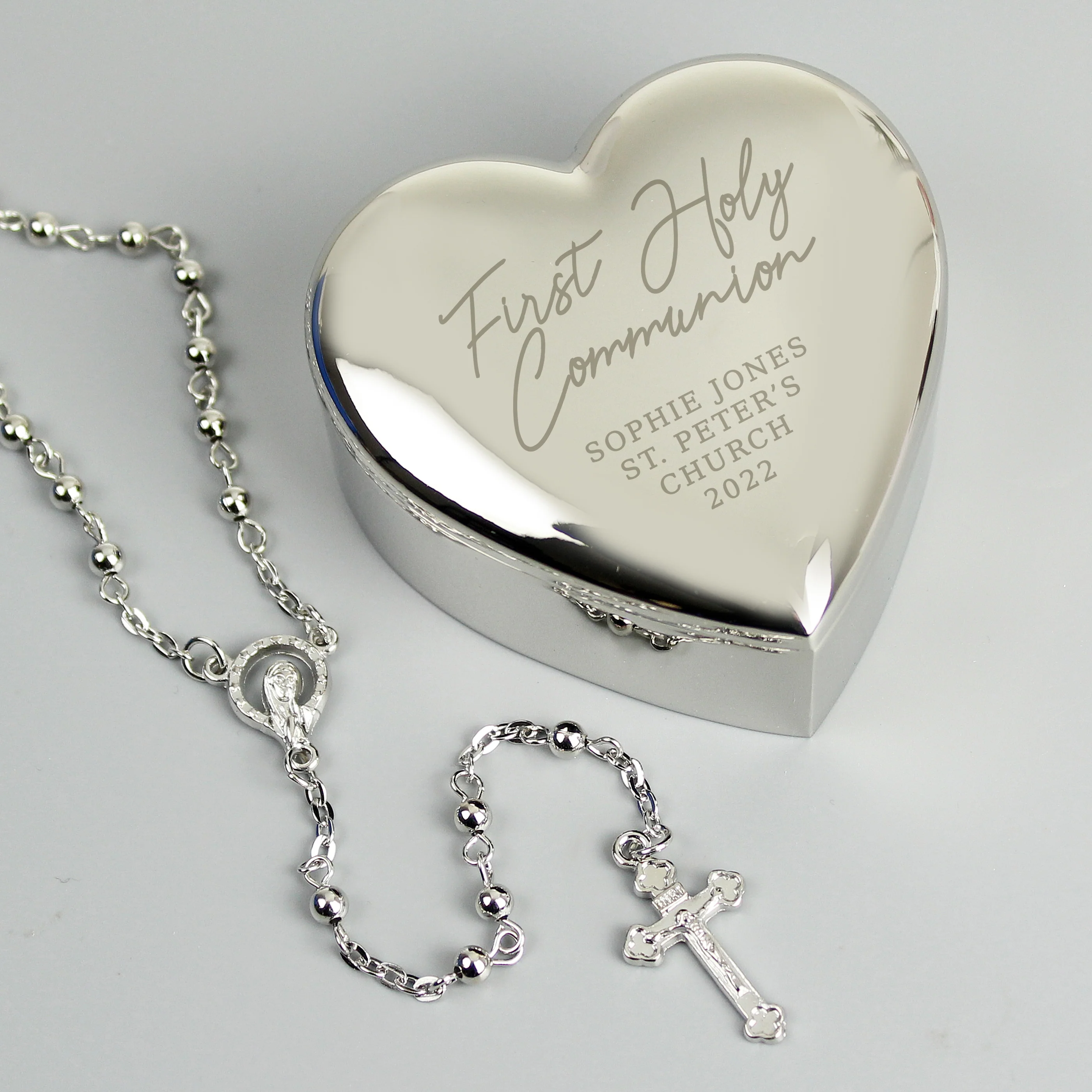 Personalised First Holy Communion Rosary Beads and Cross Heart Trinket Box - Image 2