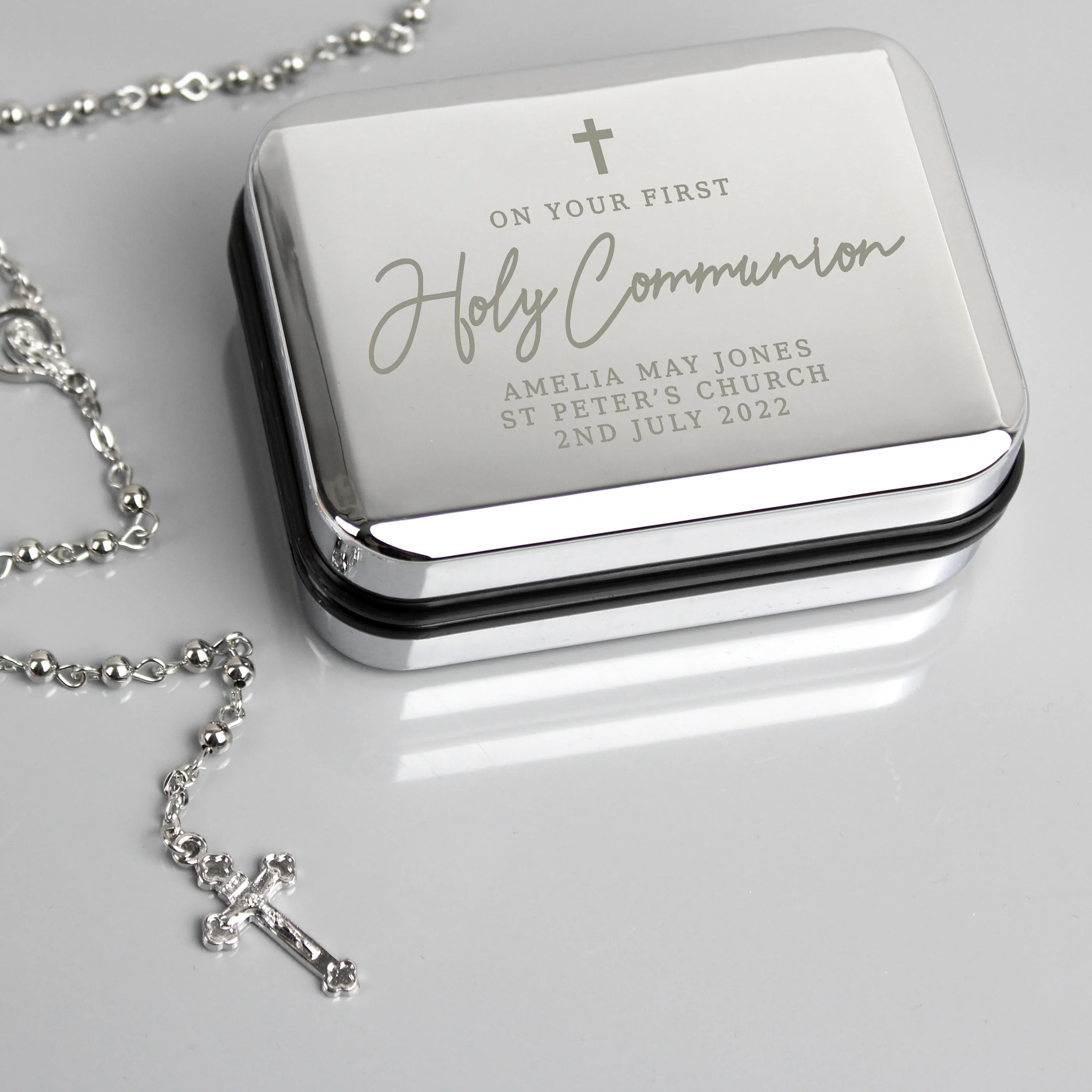 Personalised First Holy Communion Rosary Beads and Cross Trinket Box - Image 2