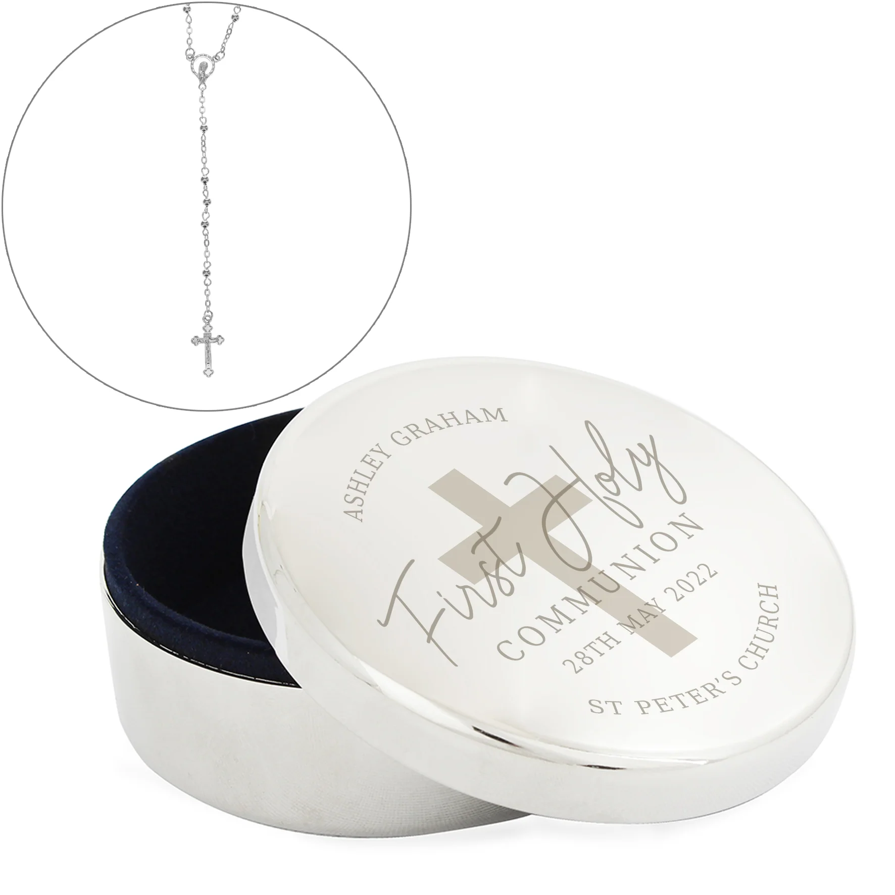 Personalised First Holy Communion Round Trinket Box & Rosary Beads Set - Image 2