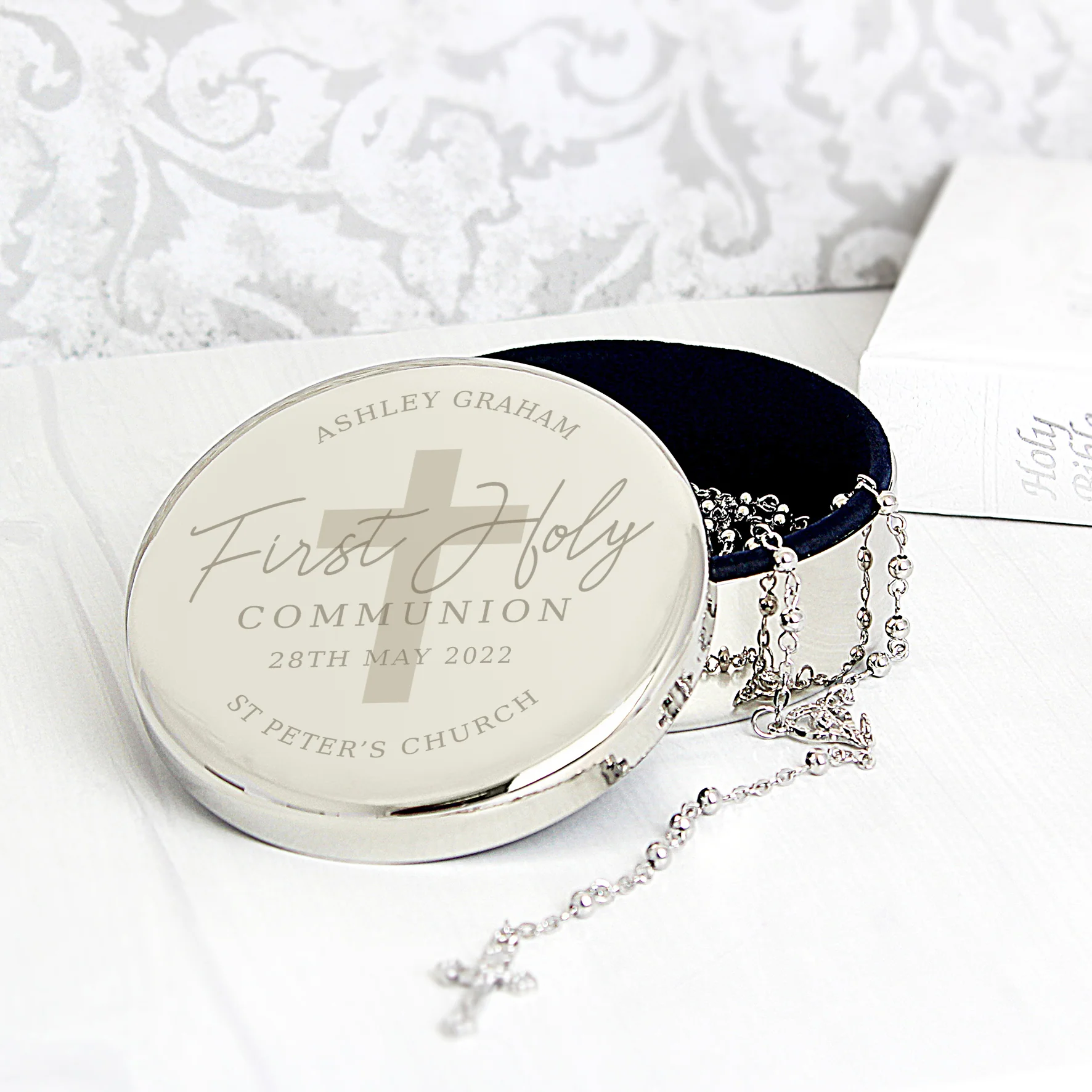Personalised First Holy Communion Round Trinket Box & Rosary Beads Set - Image 4
