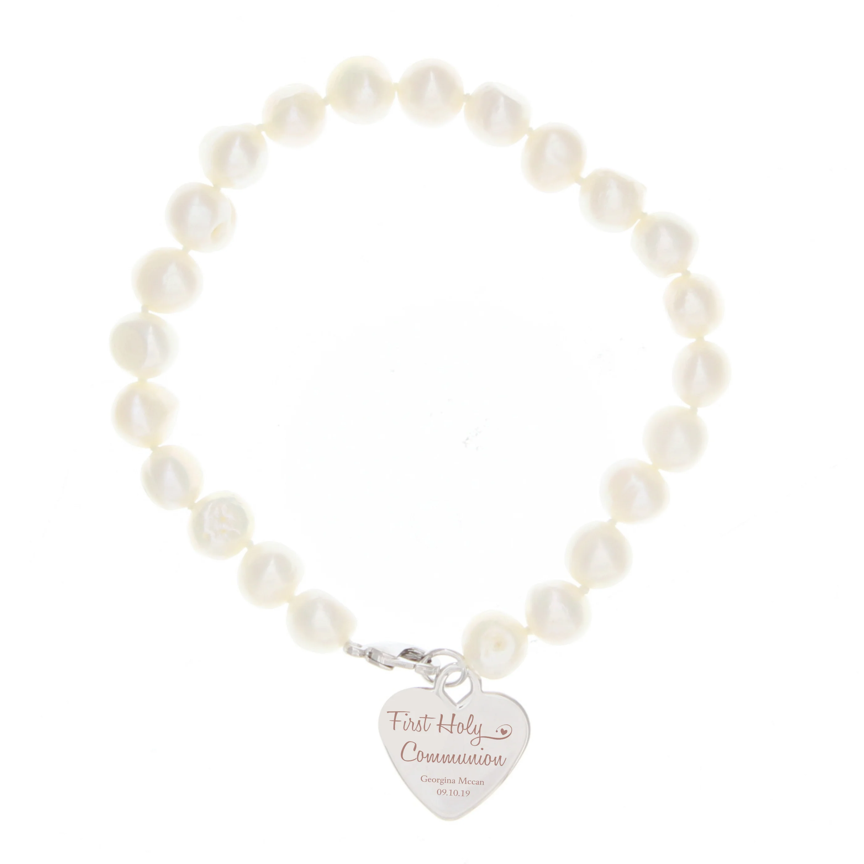 Personalised First Holy Communion Swirls & Hearts White Freshwater Pearl Bracelet - Image 2