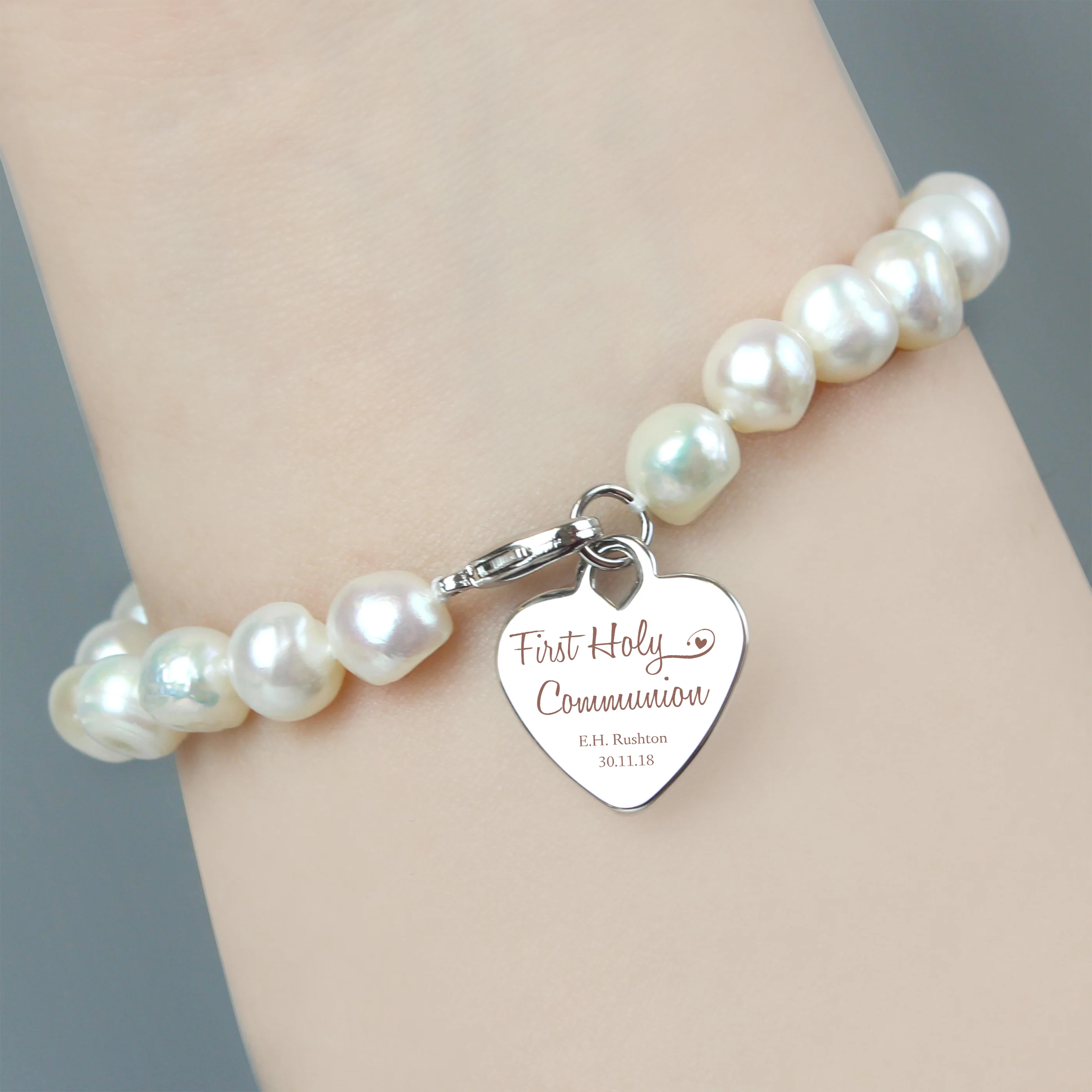 Personalised First Holy Communion Swirls & Hearts White Freshwater Pearl Bracelet - Image 4