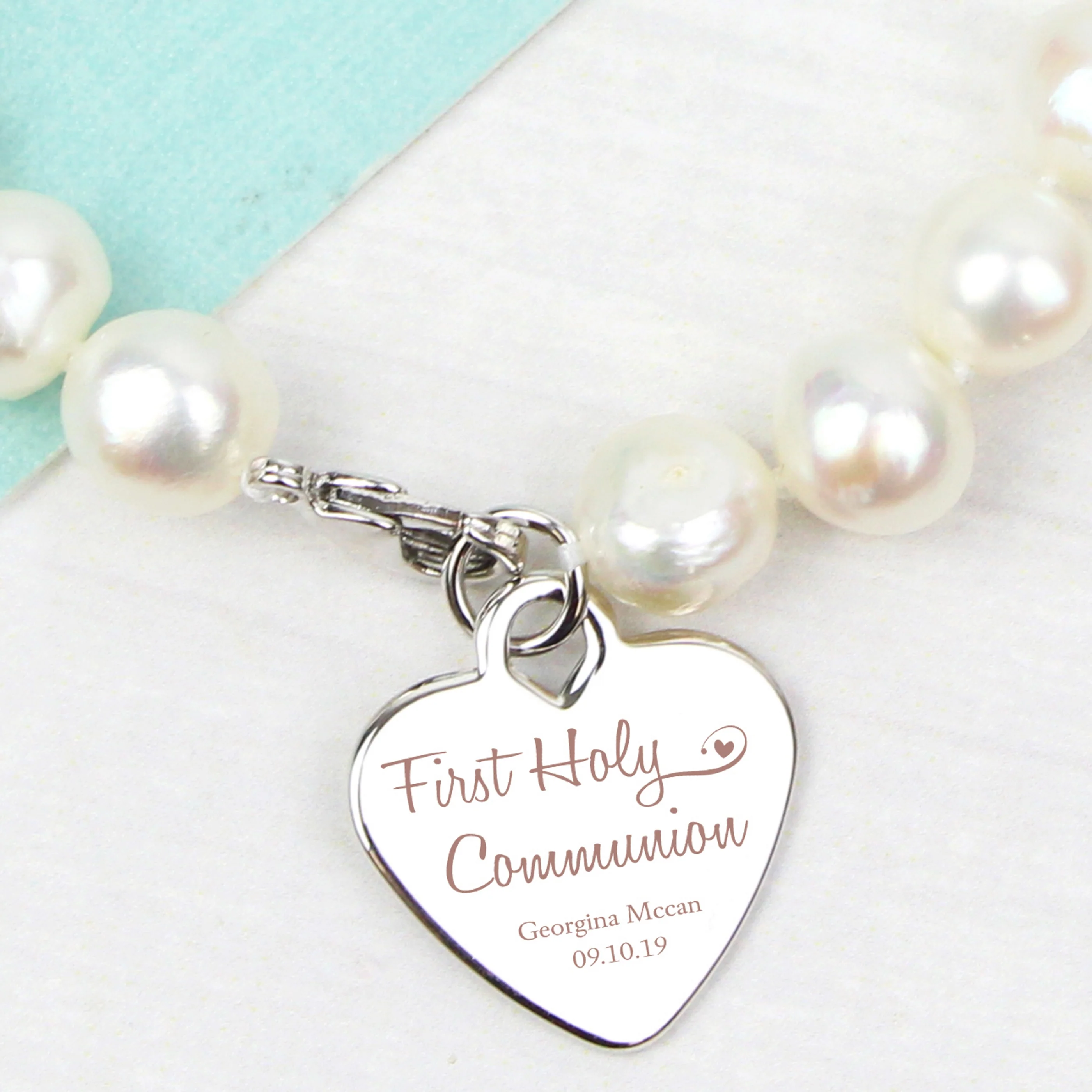 Personalised First Holy Communion Swirls & Hearts White Freshwater Pearl Bracelet - Image 5