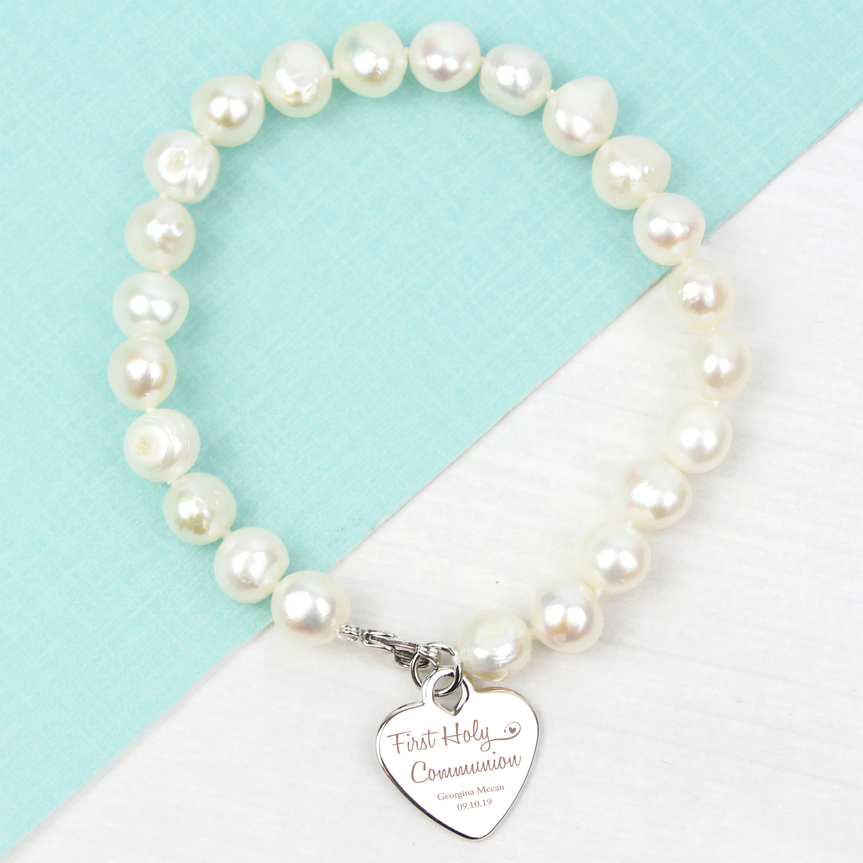 Personalised First Holy Communion Swirls & Hearts White Freshwater Pearl Bracelet - Image 6