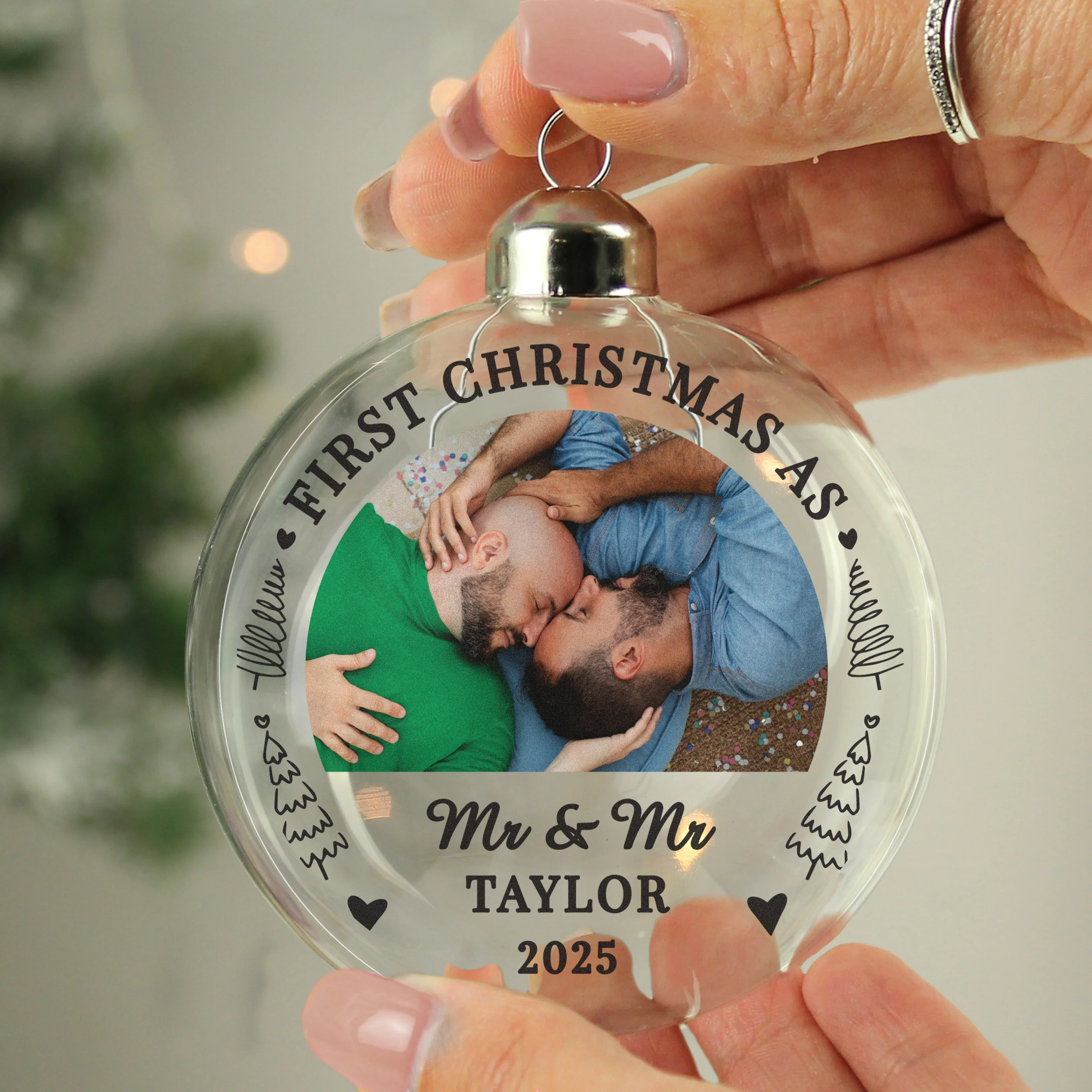 Personalised First Married Christmas Photo Upload Glass Bauble - Image 2