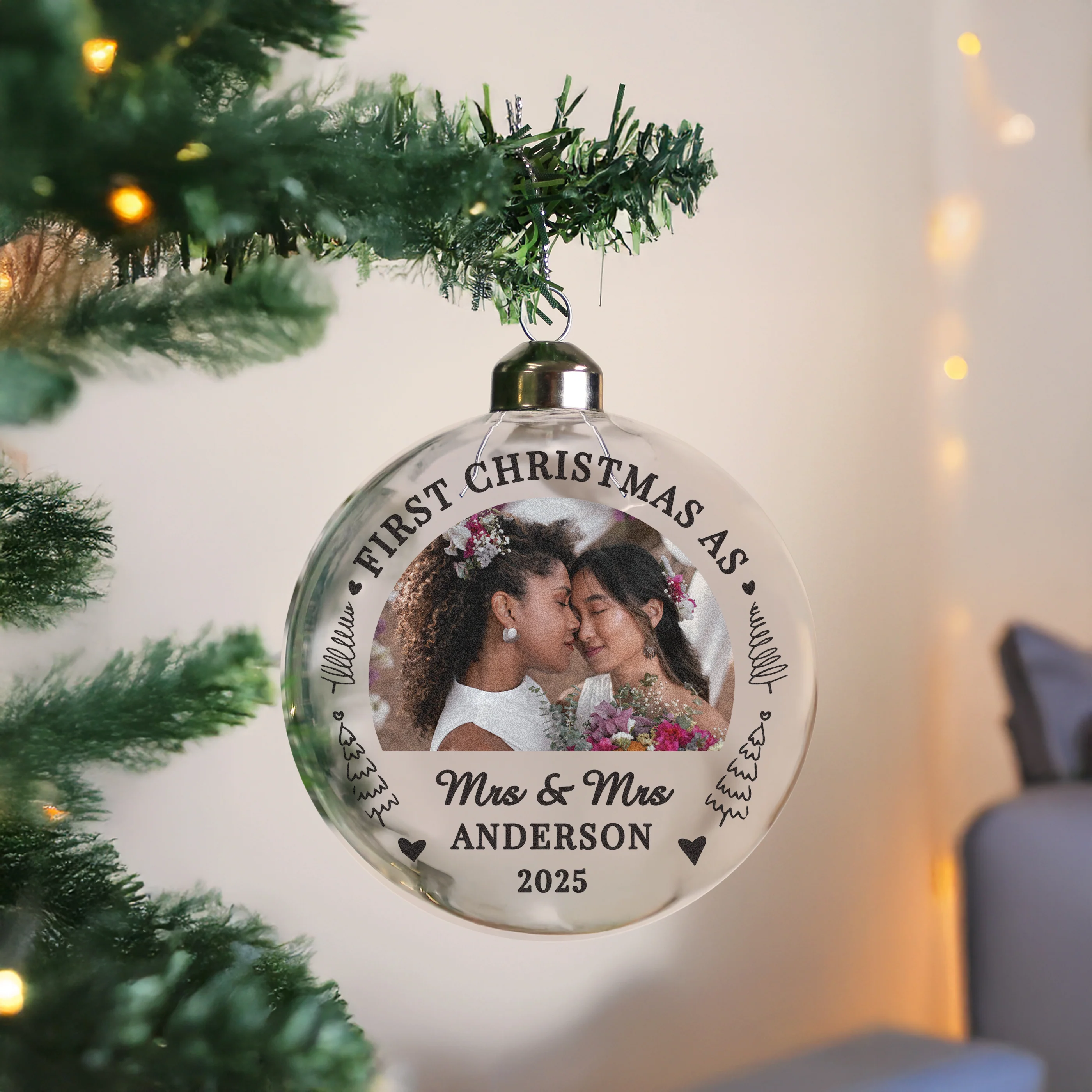 Personalised First Married Christmas Photo Upload Glass Bauble - Image 3