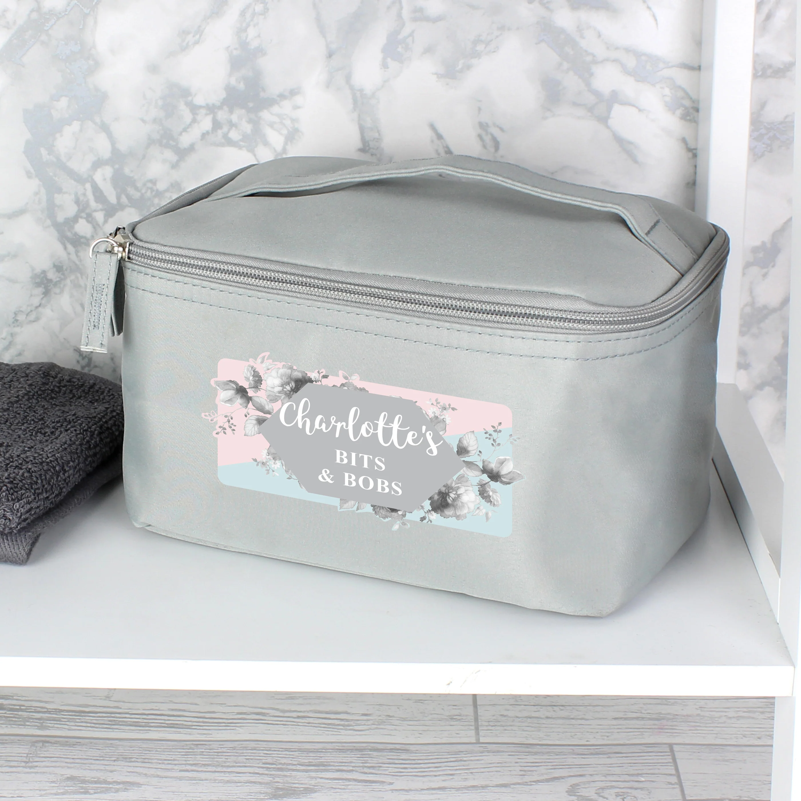 Personalised Floral Grey Toiletry Bag - Image 5