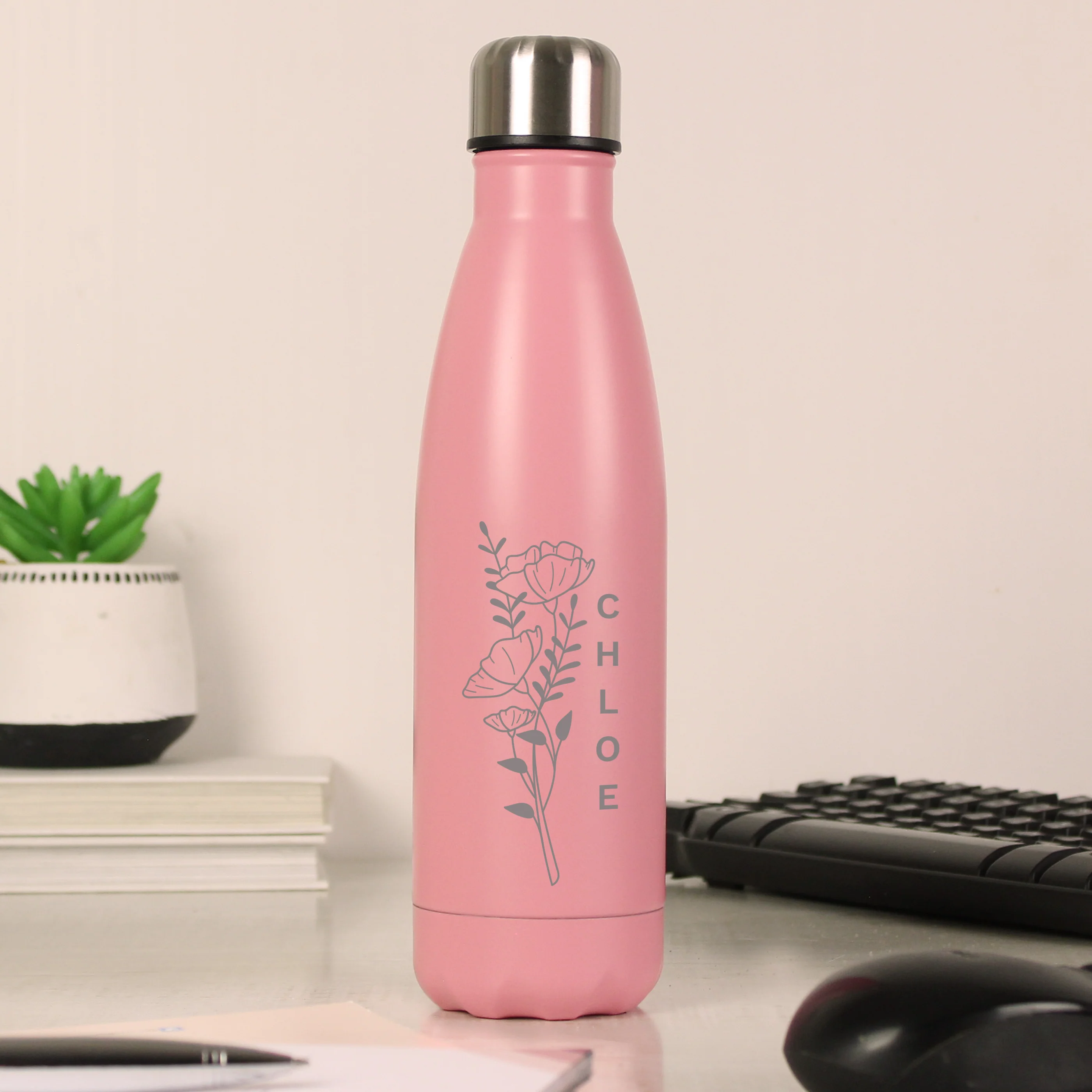 Personalised Floral Pink Metal Insulated Drinks Bottle - Image 3