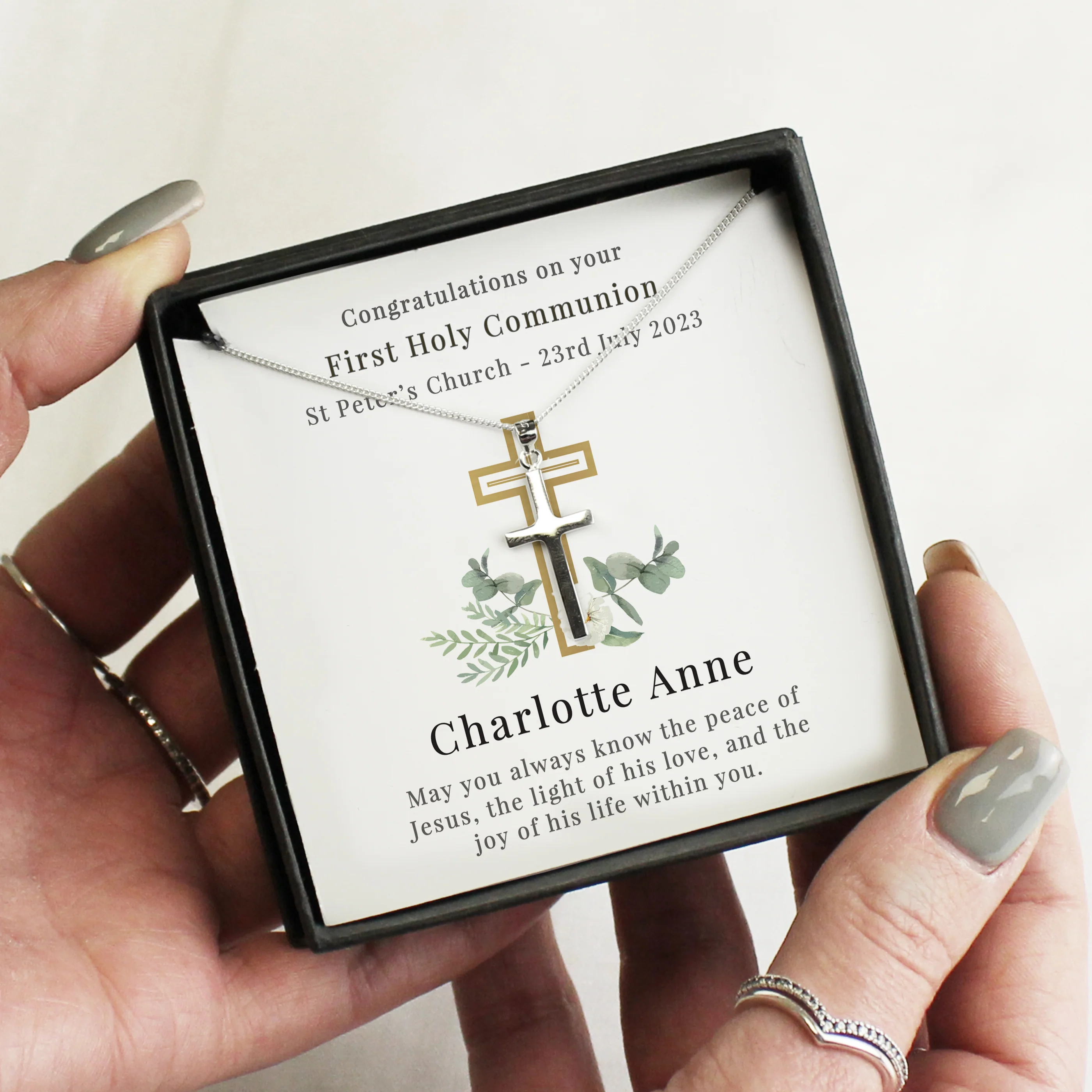 Personalised Floral Religious Sentiment Cross Necklace and Box - Image 3