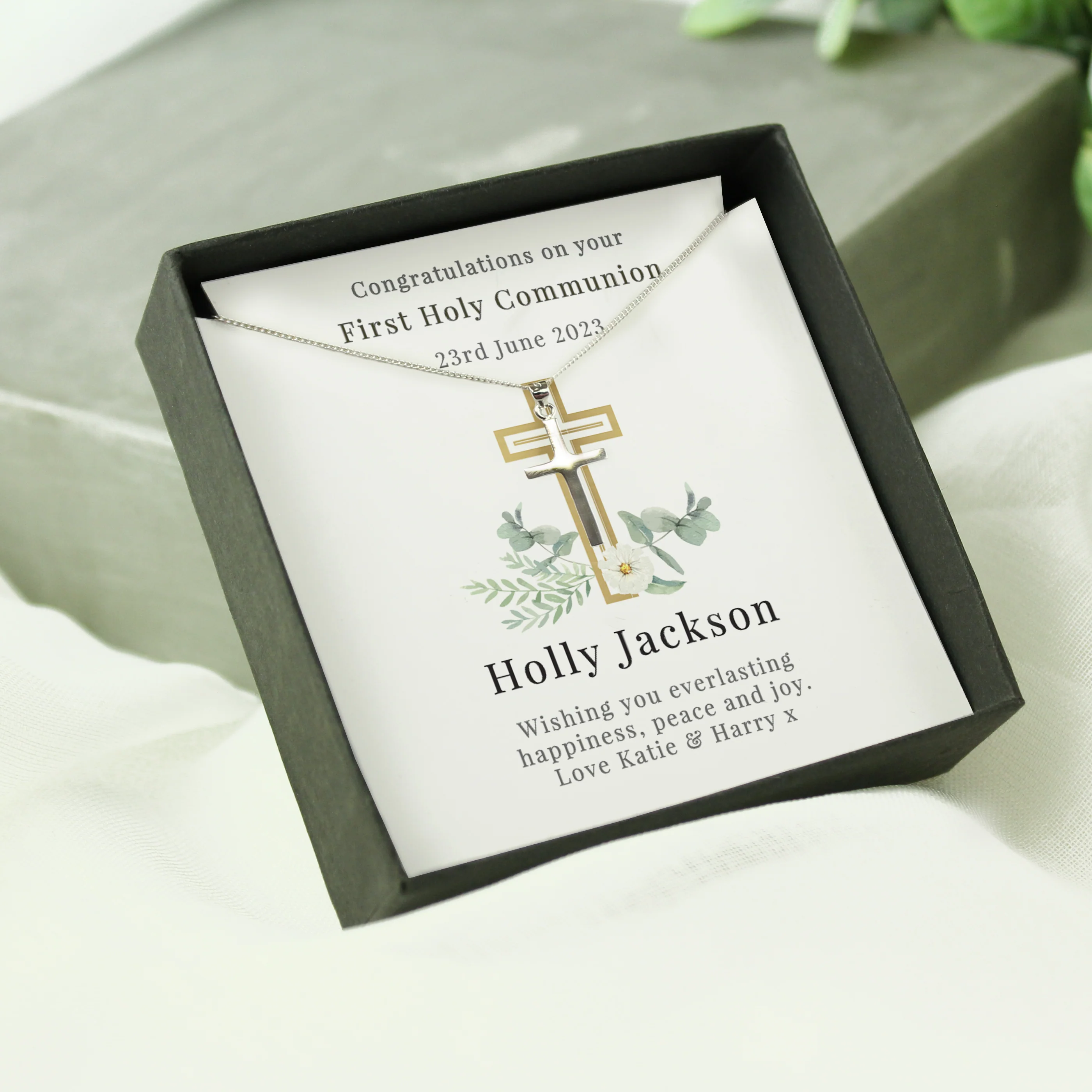 Personalised Floral Religious Sentiment Cross Necklace and Box - Image 4