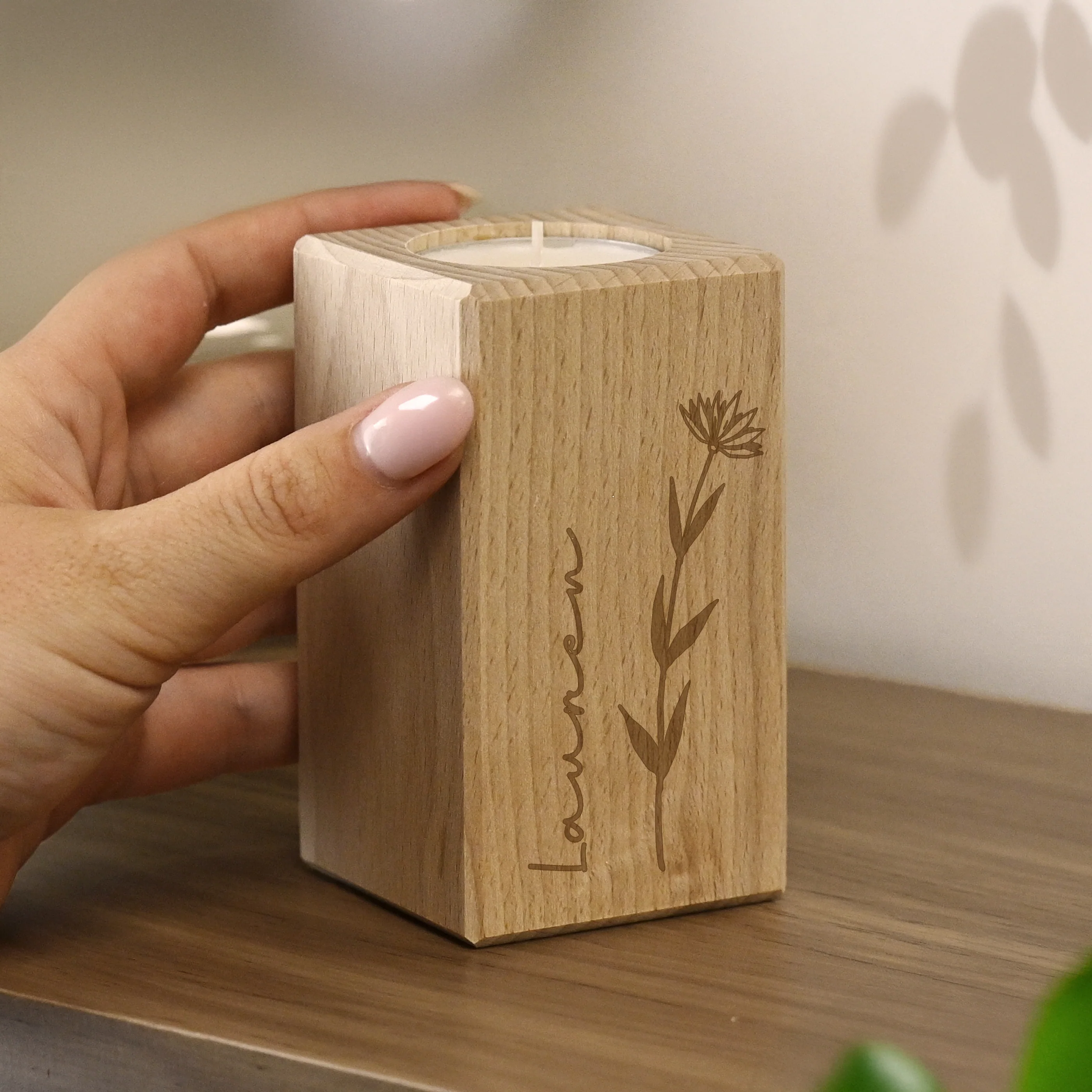 Personalised Floral Wooden Tealight Holder - Image 2