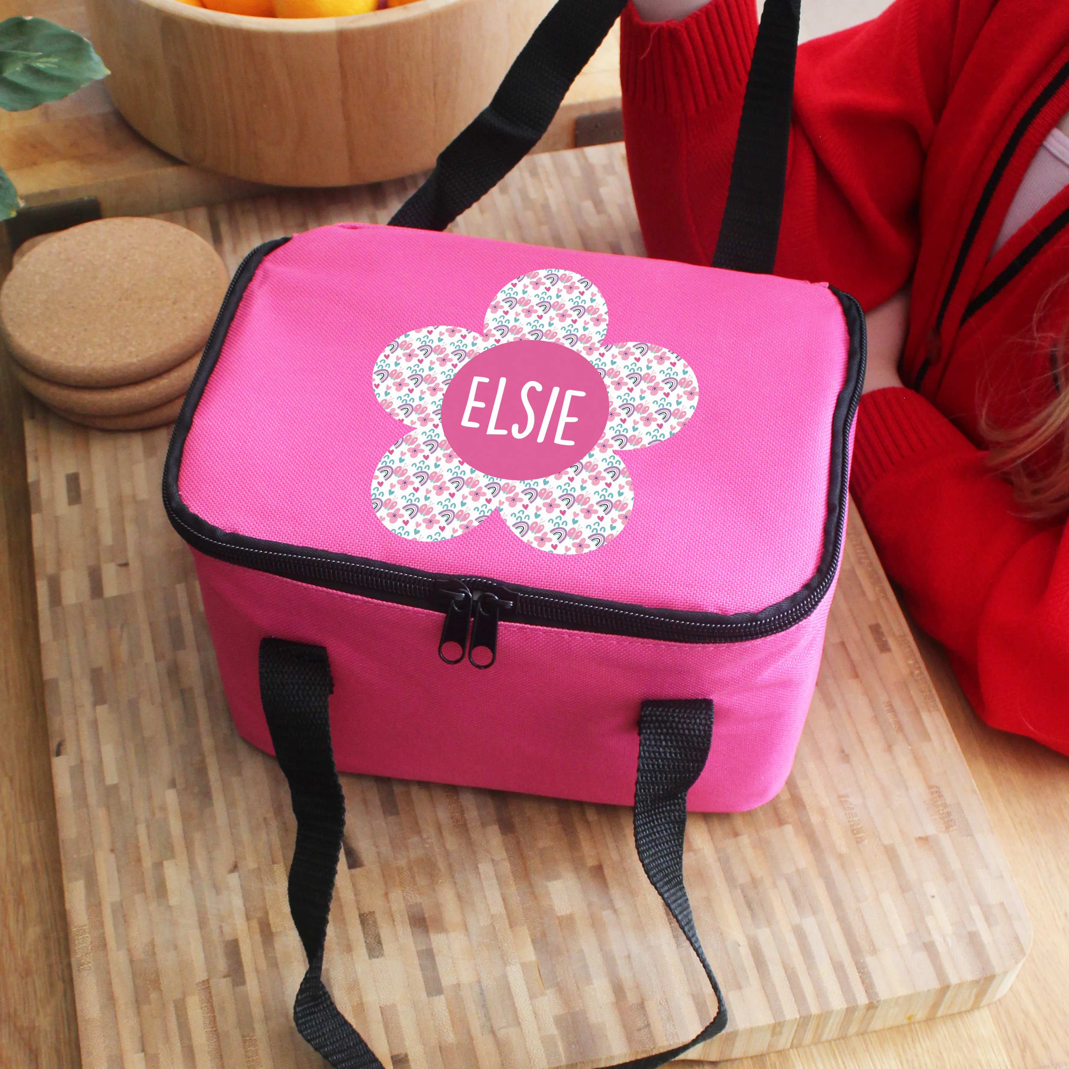 Personalised Flower Pink Lunch Bag - Image 2
