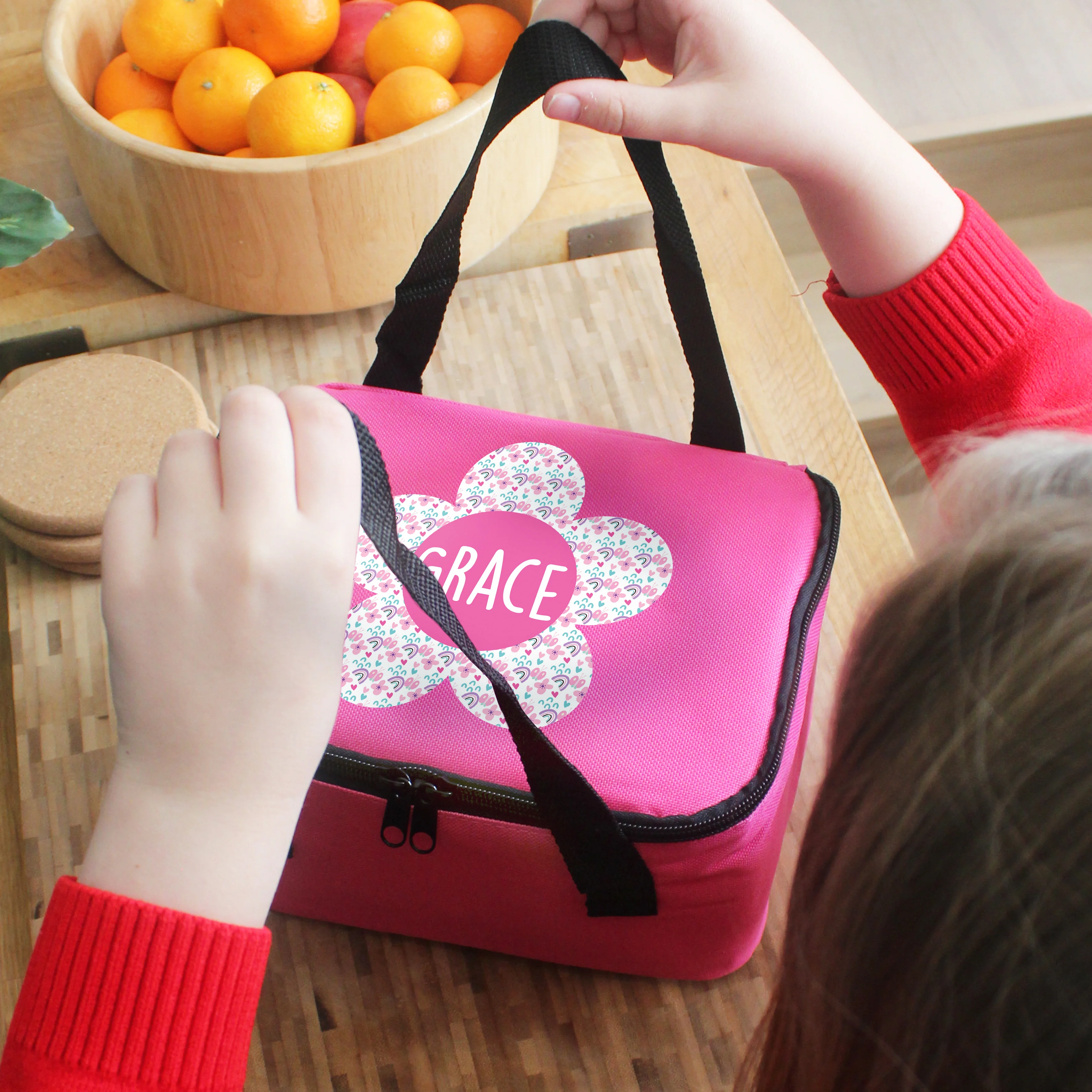 Personalised Flower Pink Lunch Bag - Image 3