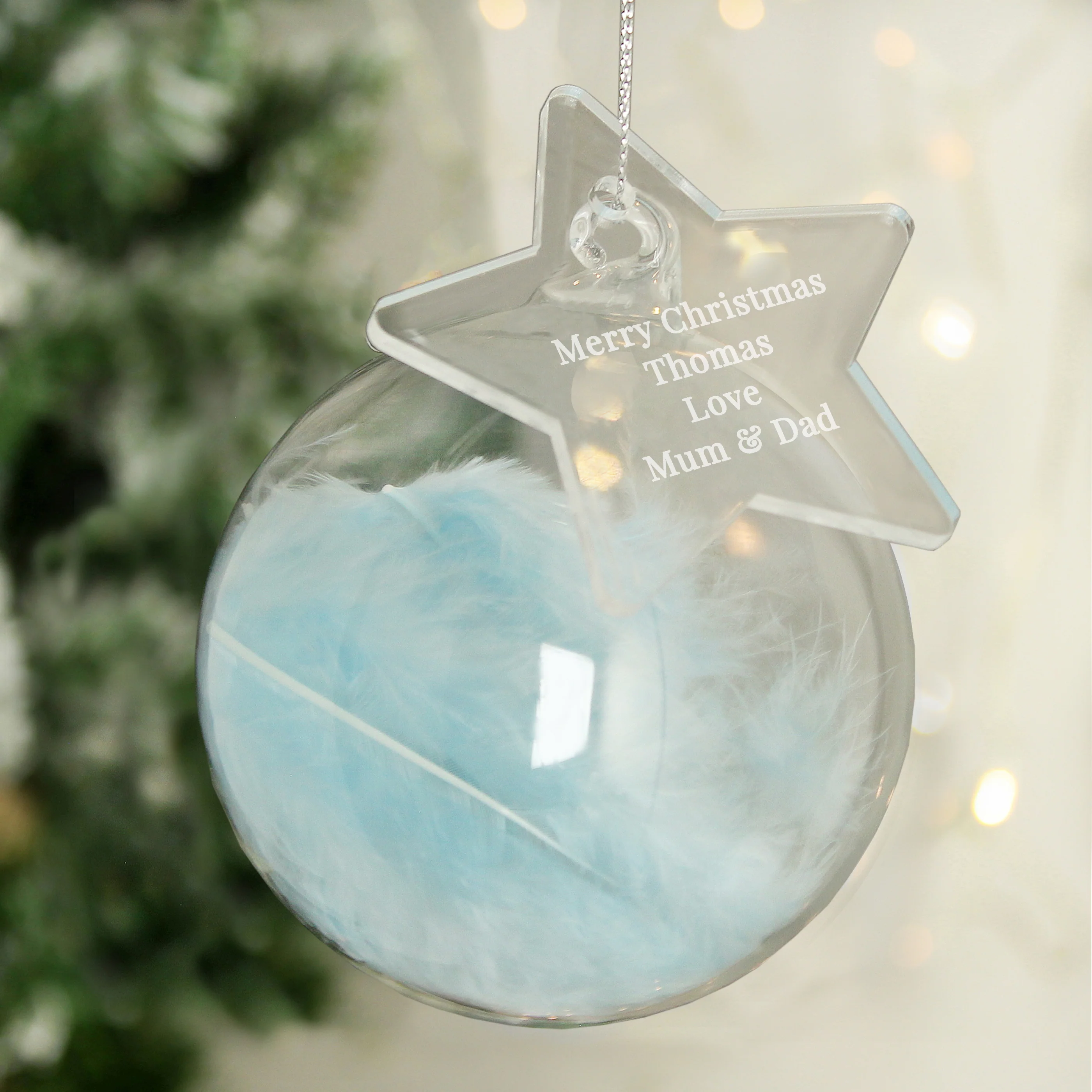 Personalised Free Text Blue Feather Glass Bauble With Star Tag - Image 2