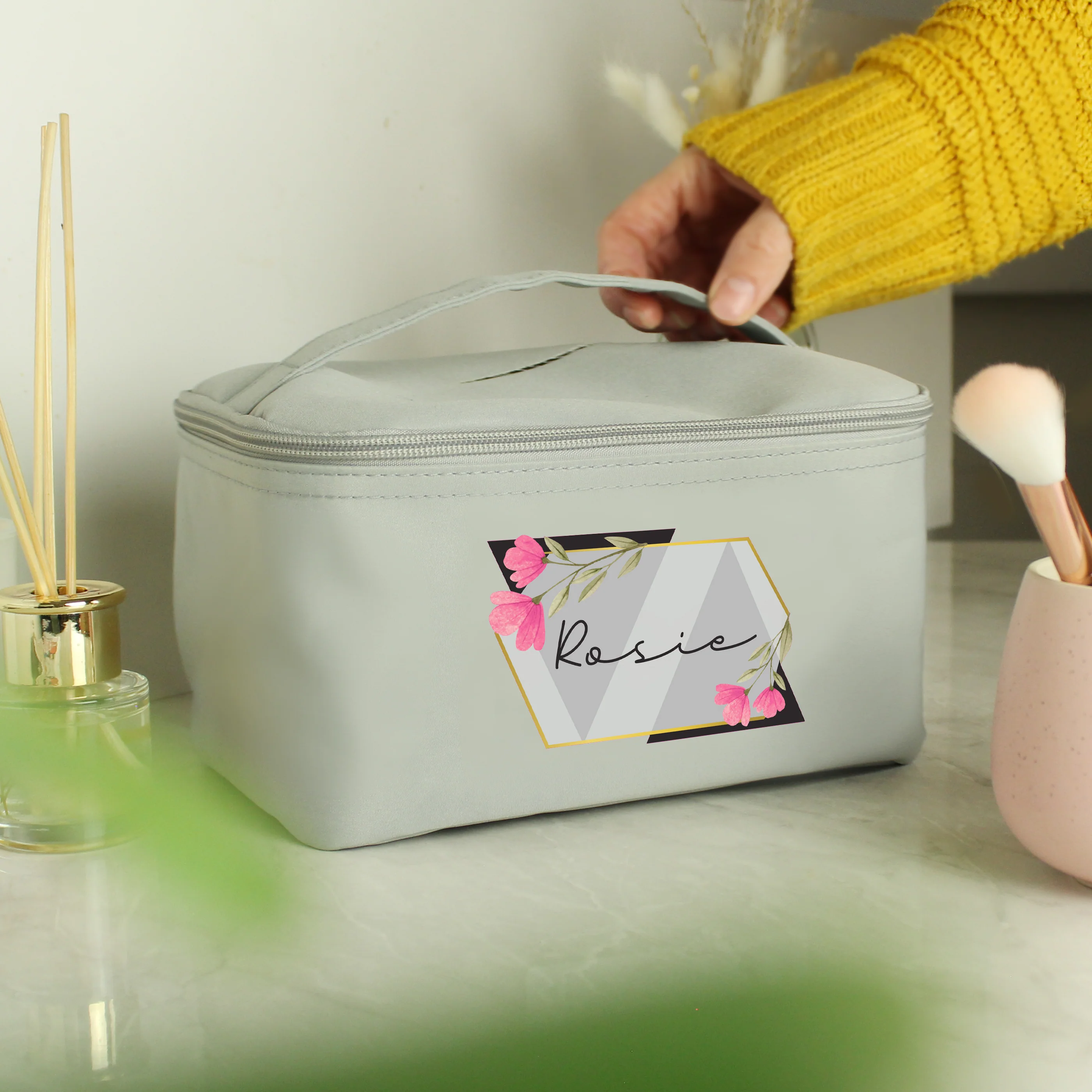 Personalised Geometric Floral Grey Toiletry Bag - Image 2