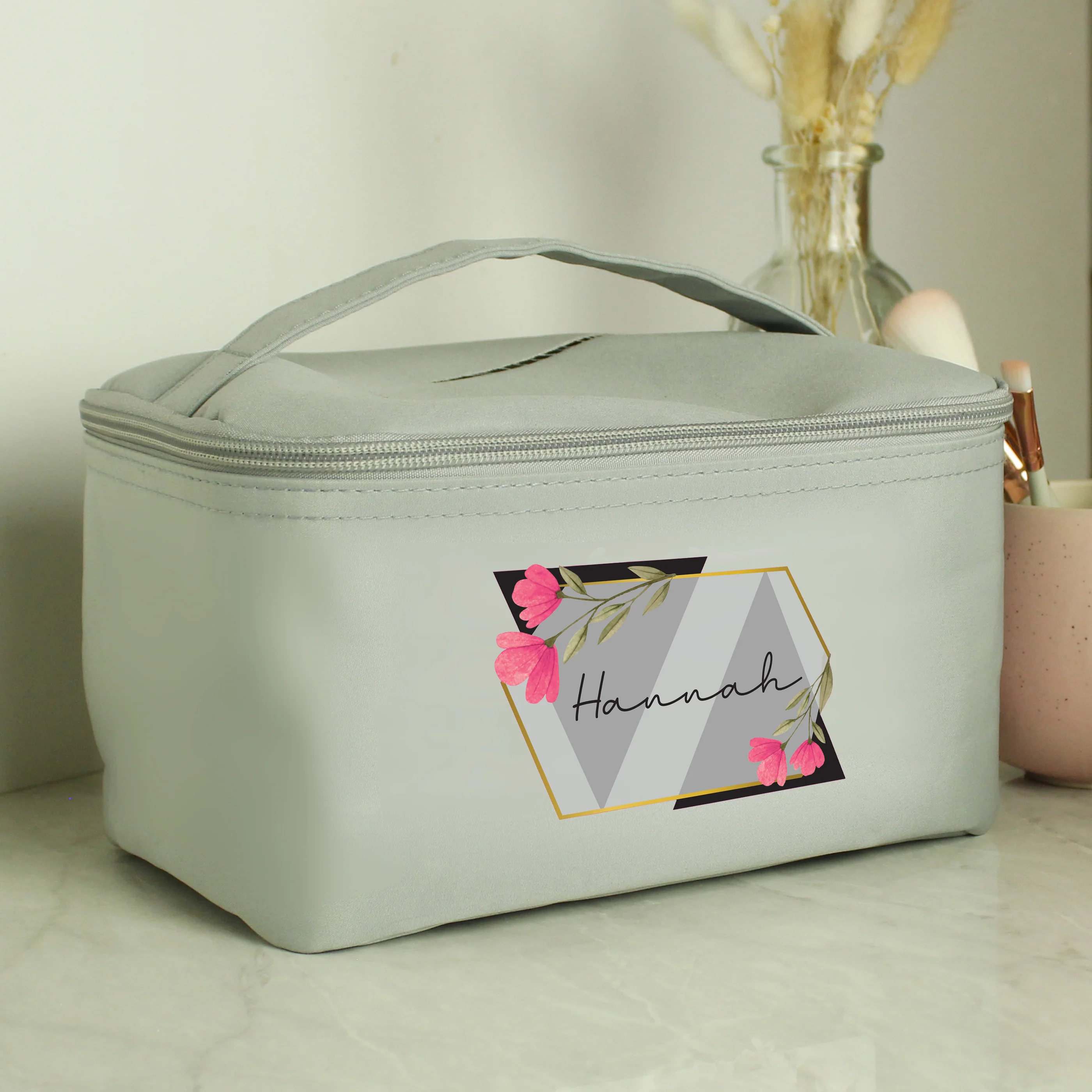 Personalised Geometric Floral Grey Toiletry Bag - Image 3