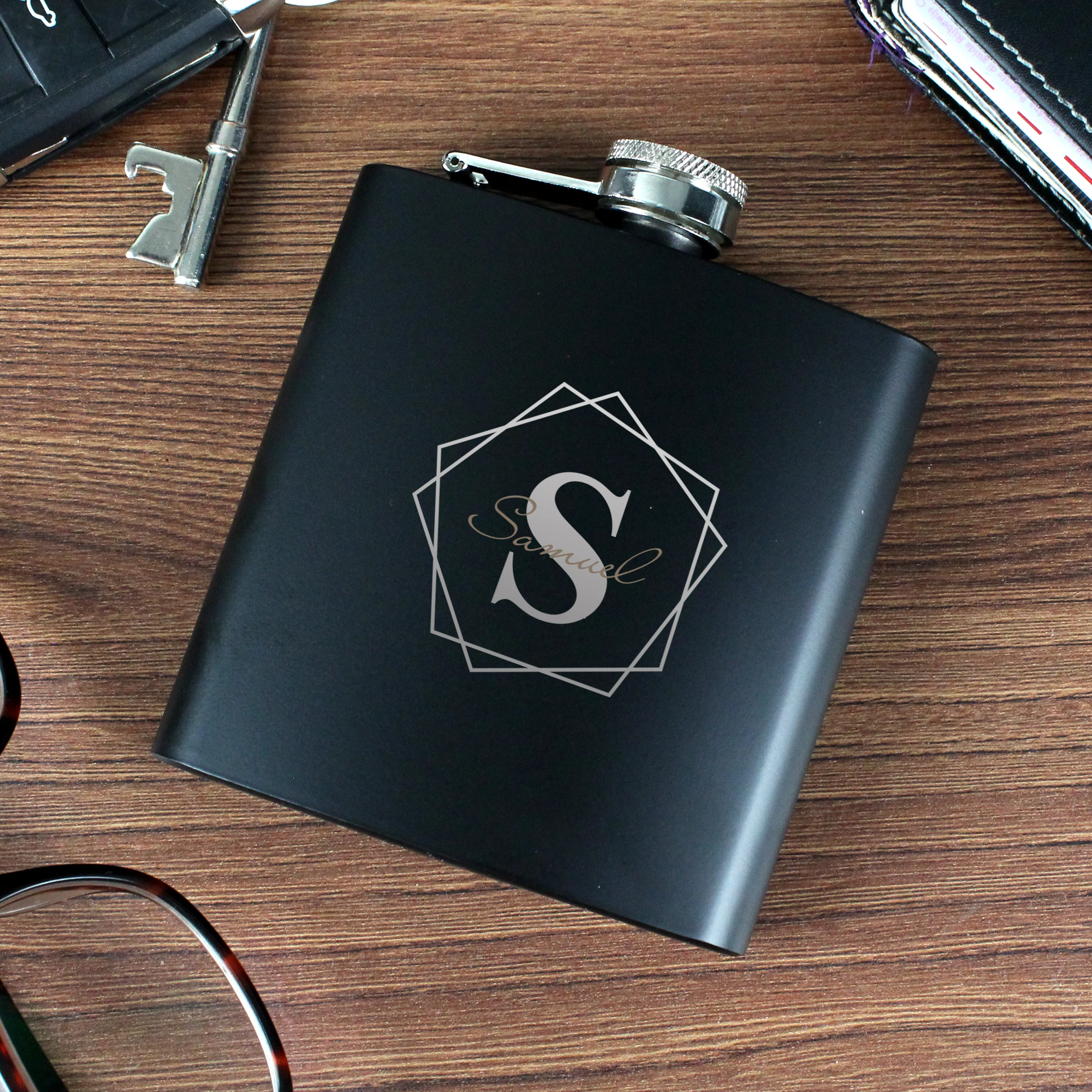 Personalised Geometric Initial Black Hip Flask - Image 10