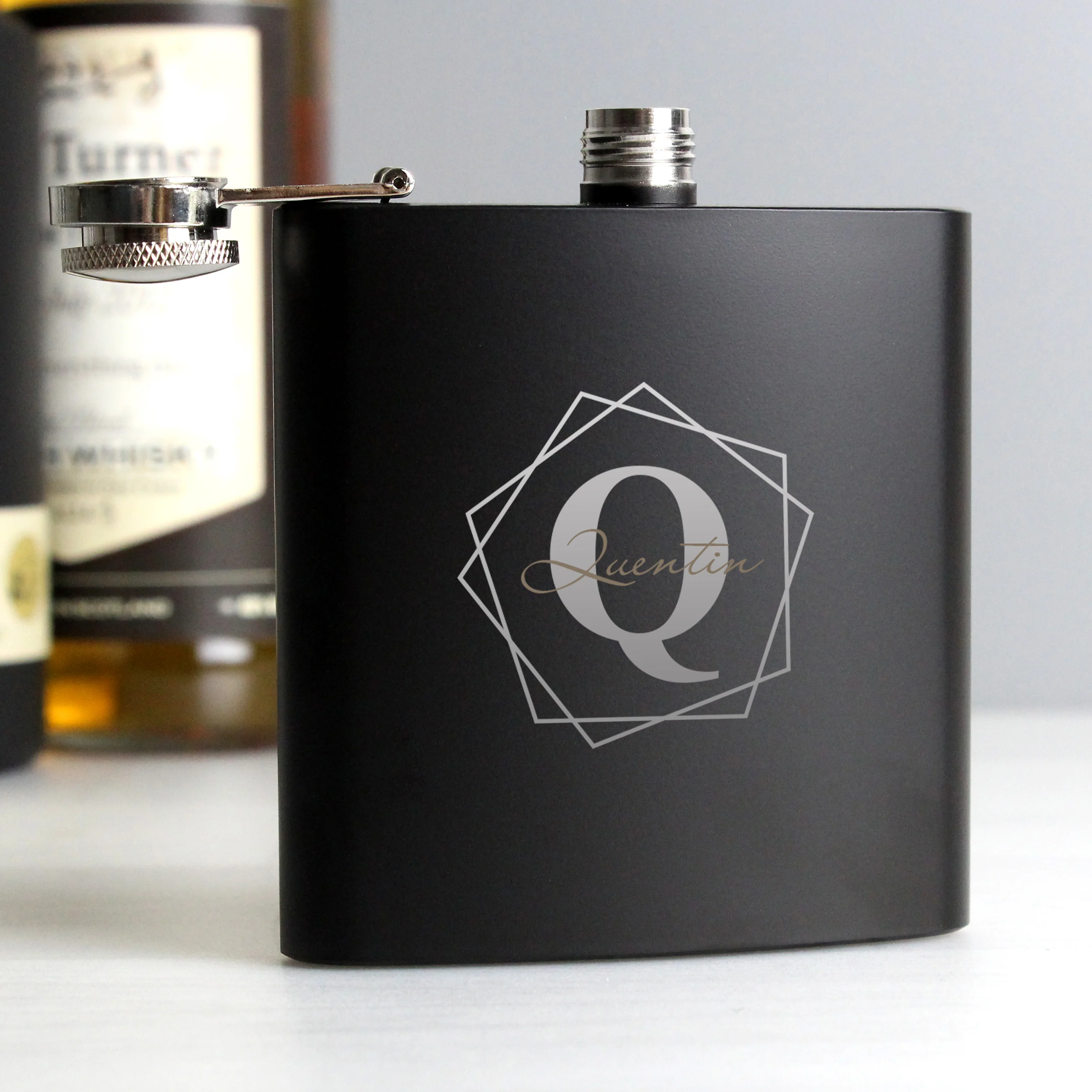 Personalised Geometric Initial Black Hip Flask - Image 3